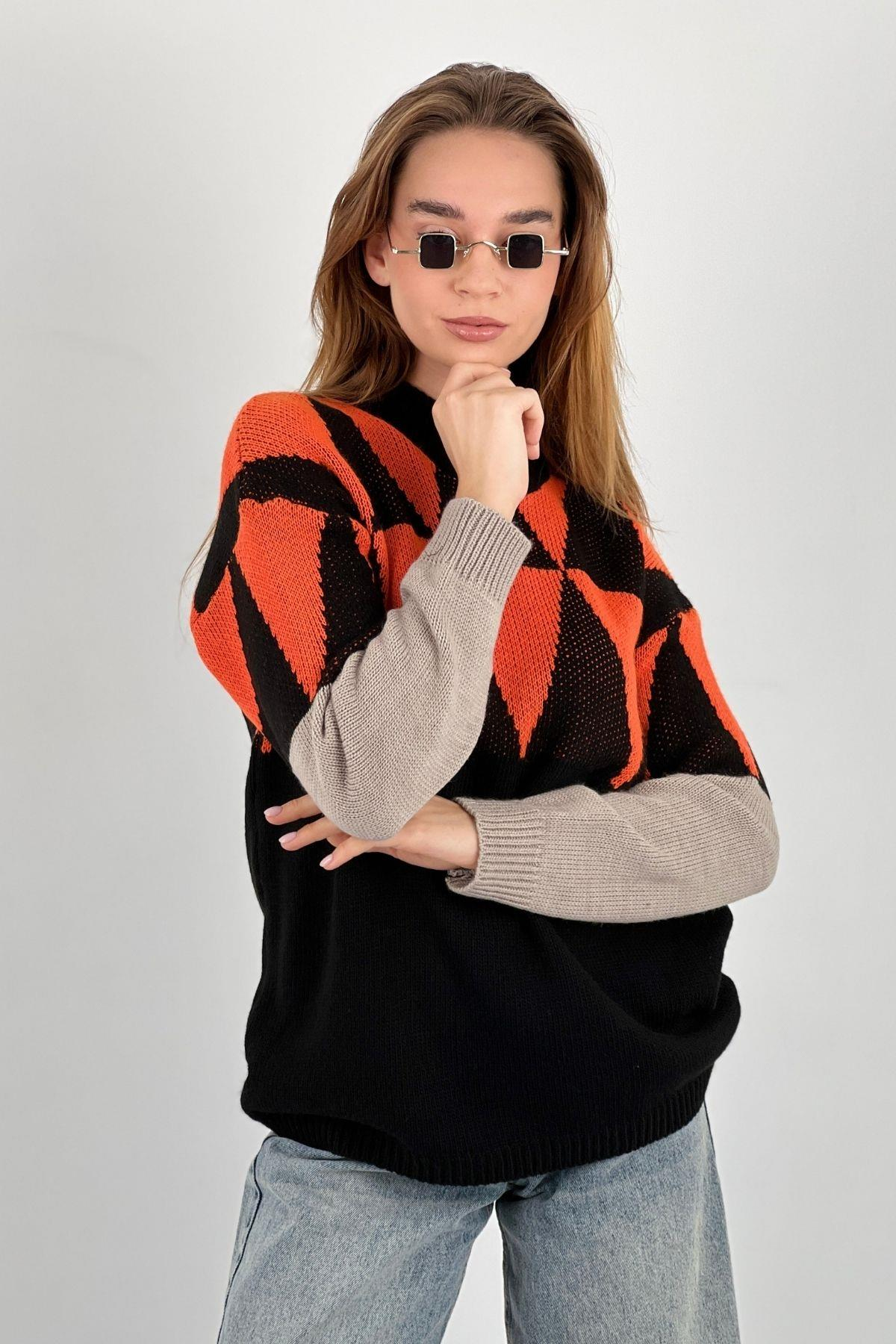 Kadın Oversize Uzun Kollu Kışlık Bol Siyah Triko Kazak-33083SM