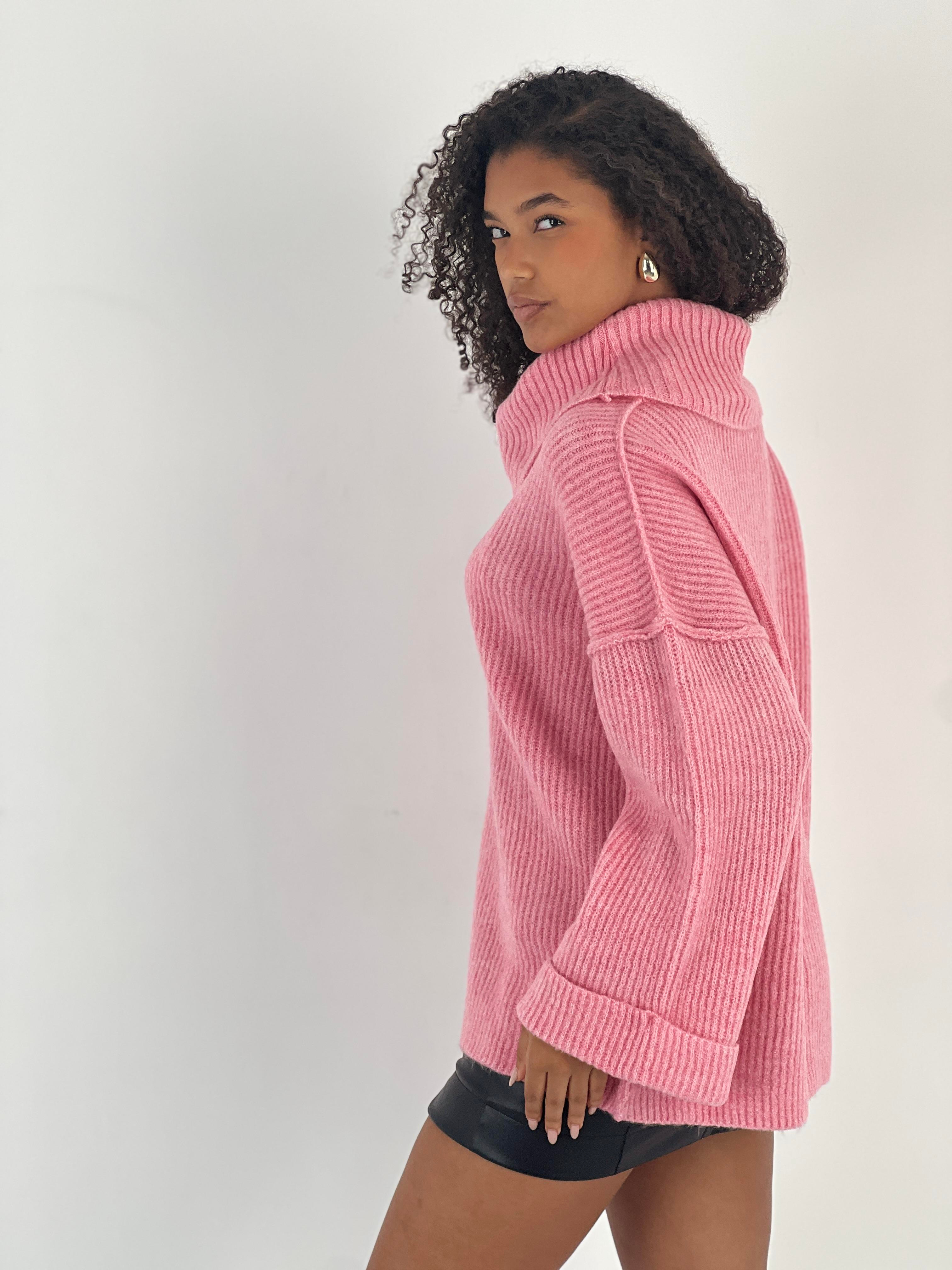 Kadın Oversize Yüksek Yaka Pembe Triko Kazak-34526