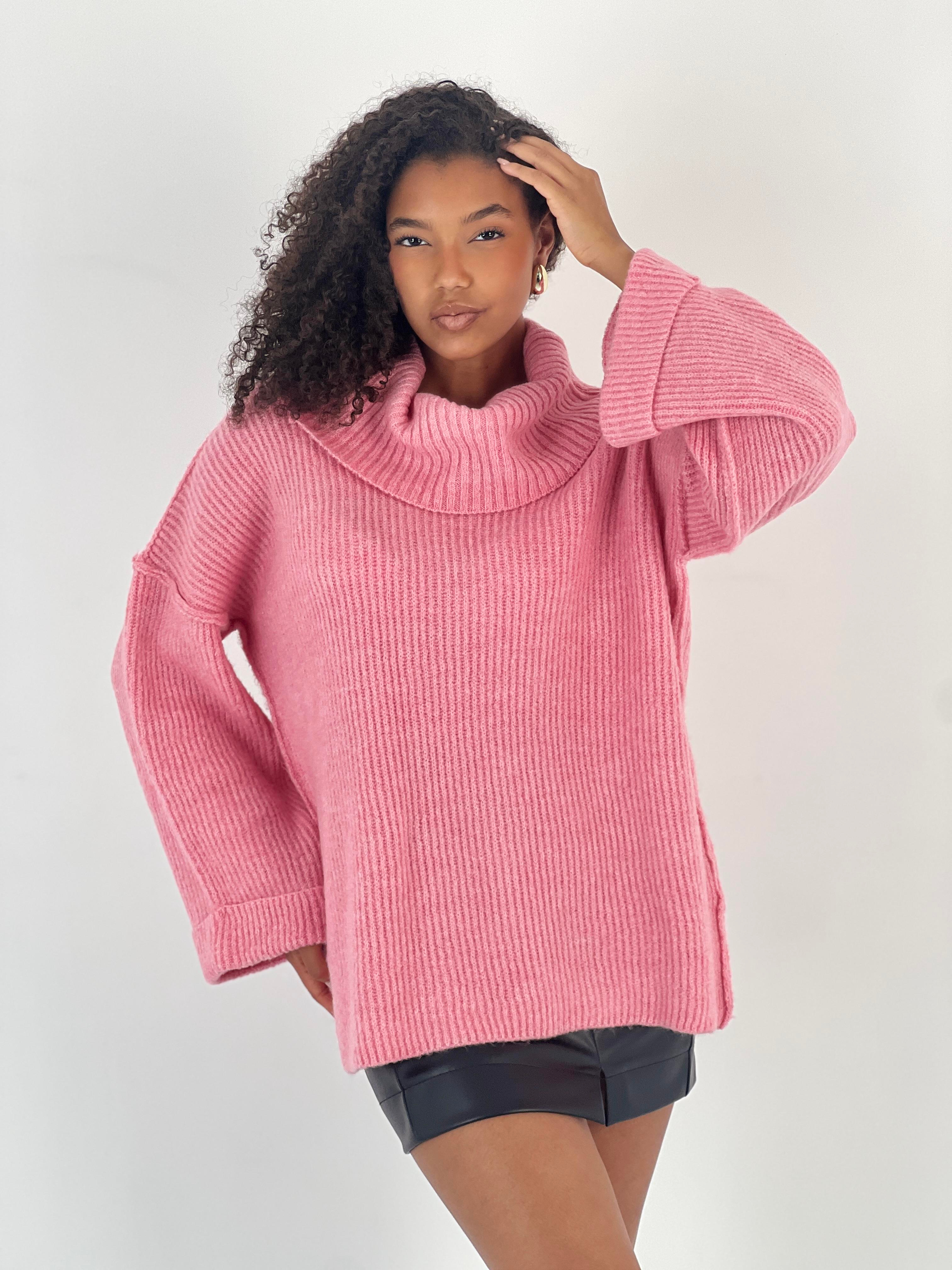 Kadın Oversize Yüksek Yaka Pembe Triko Kazak-34526