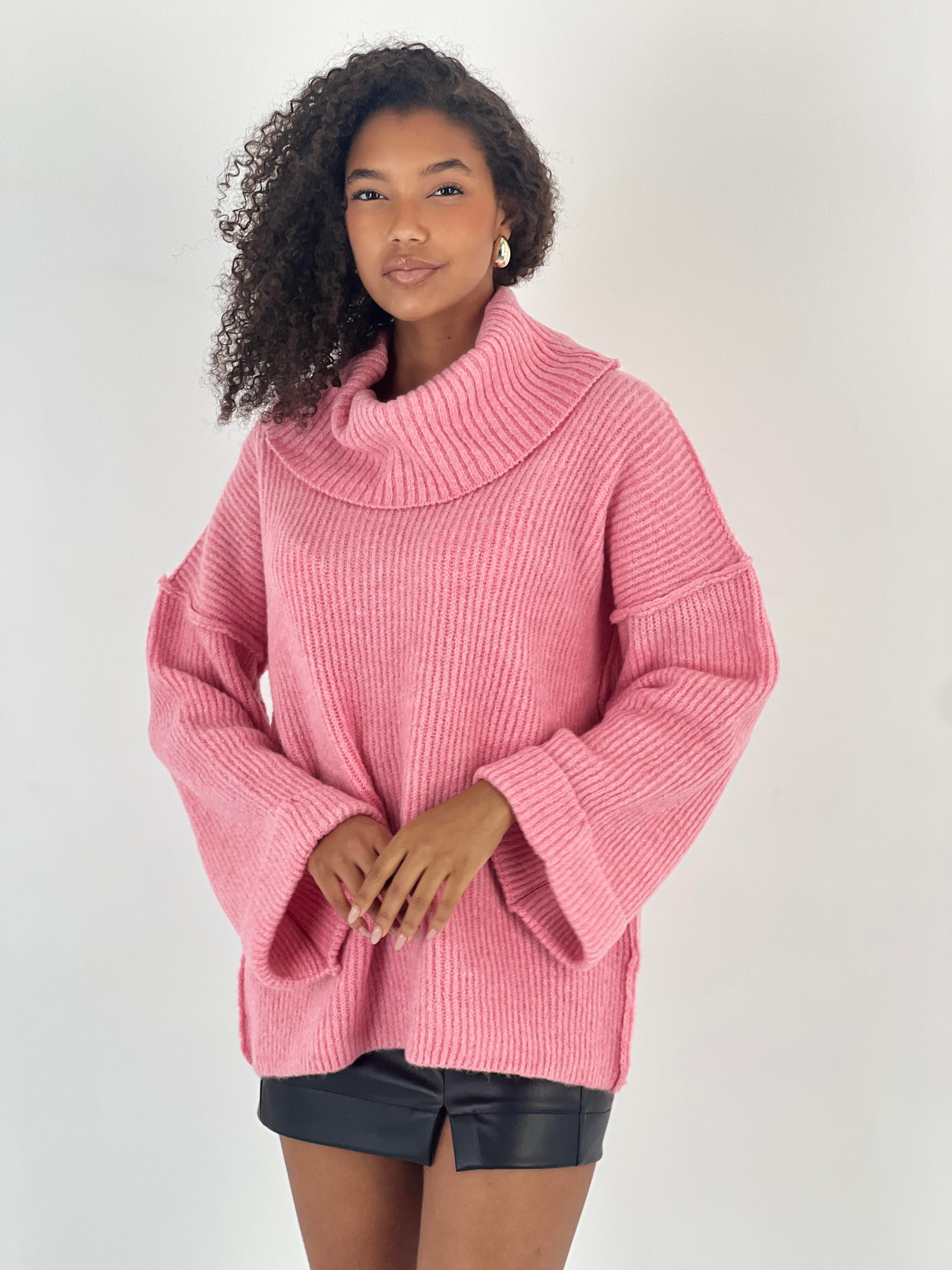 Kadın Oversize Yüksek Yaka Pembe Triko Kazak-34526