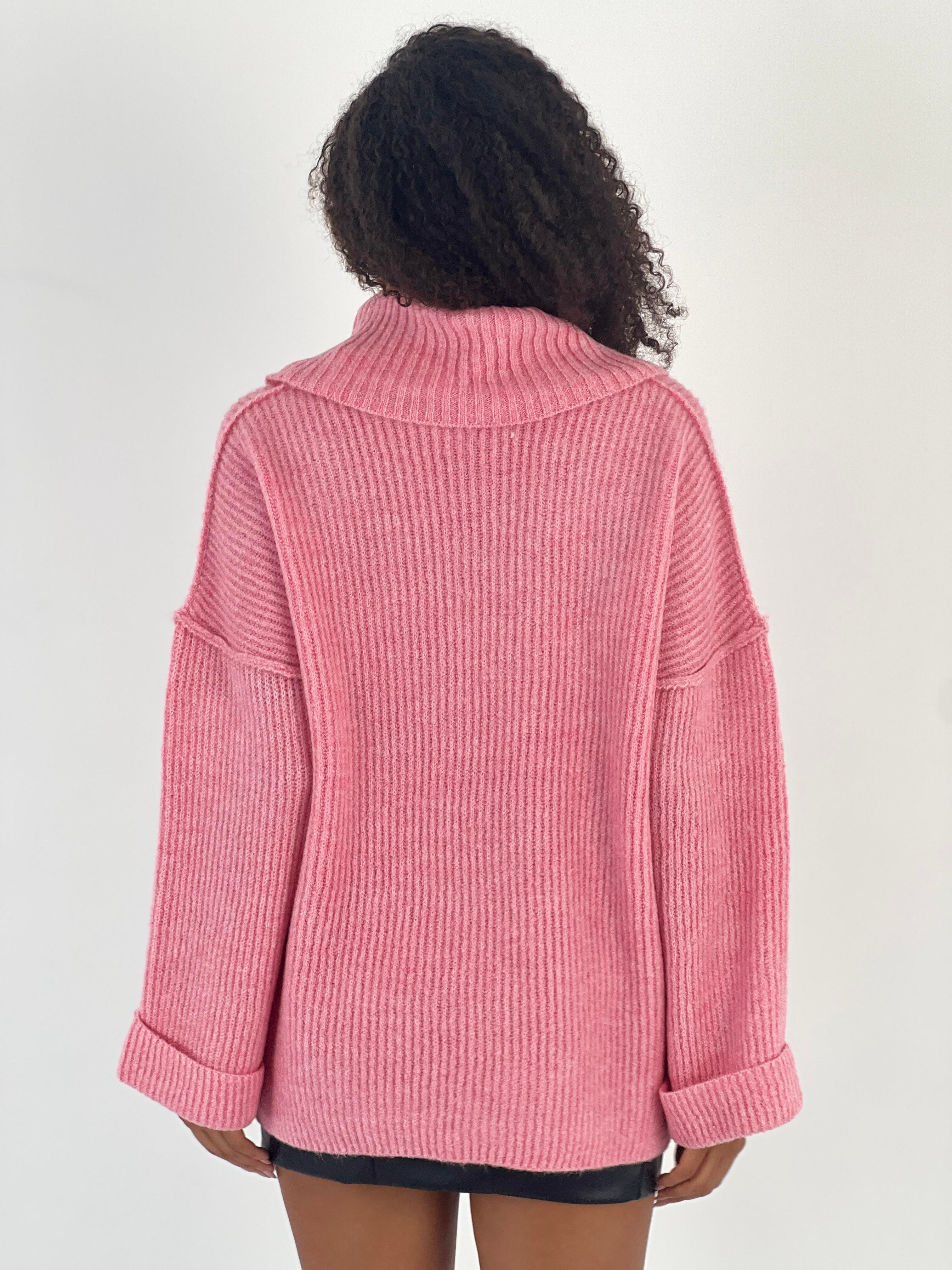Kadın Oversize Yüksek Yaka Pembe Triko Kazak-34526