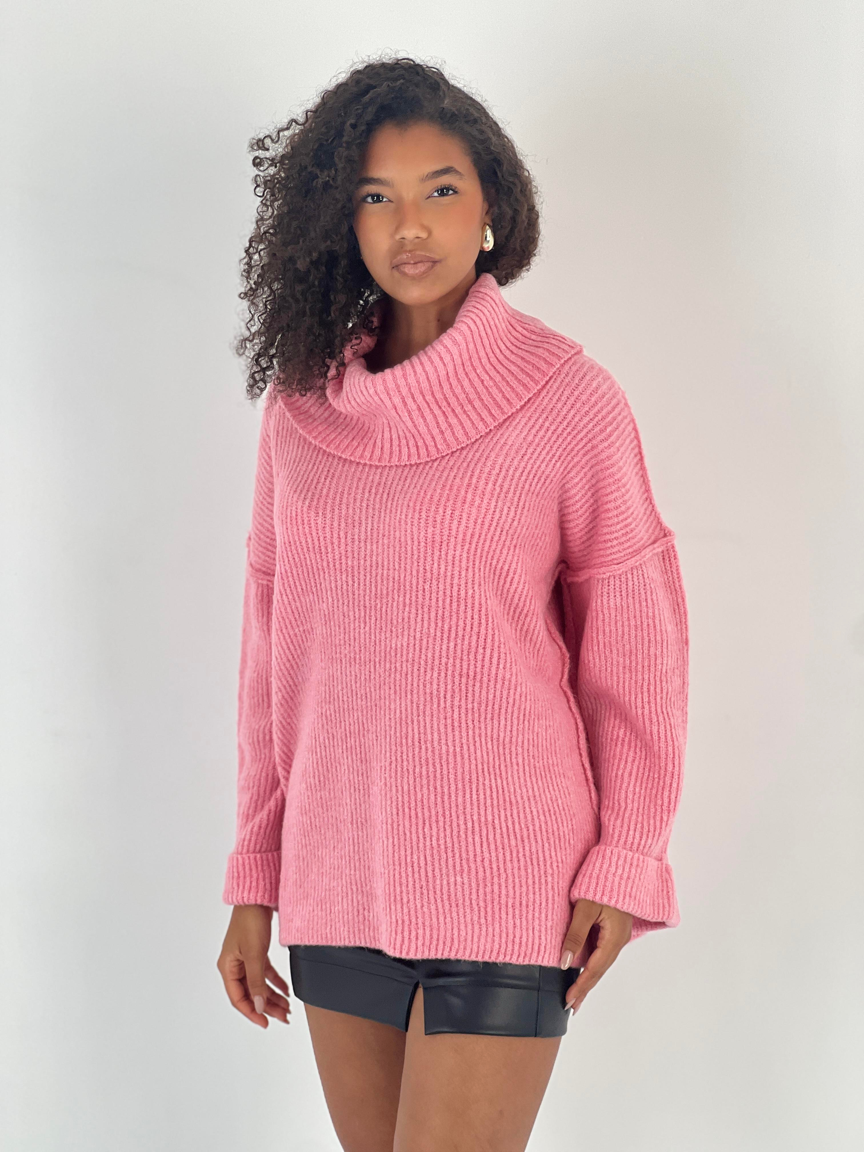 Kadın Oversize Yüksek Yaka Pembe Triko Kazak-34526