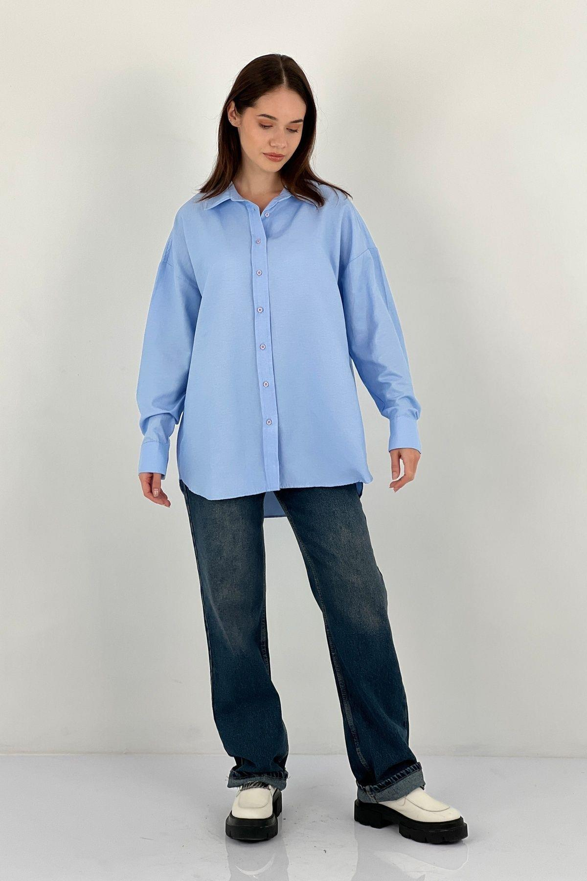 Kadın Polo Yaka Basic Oversize Uzun Kollu Pembe Gömlek-27389