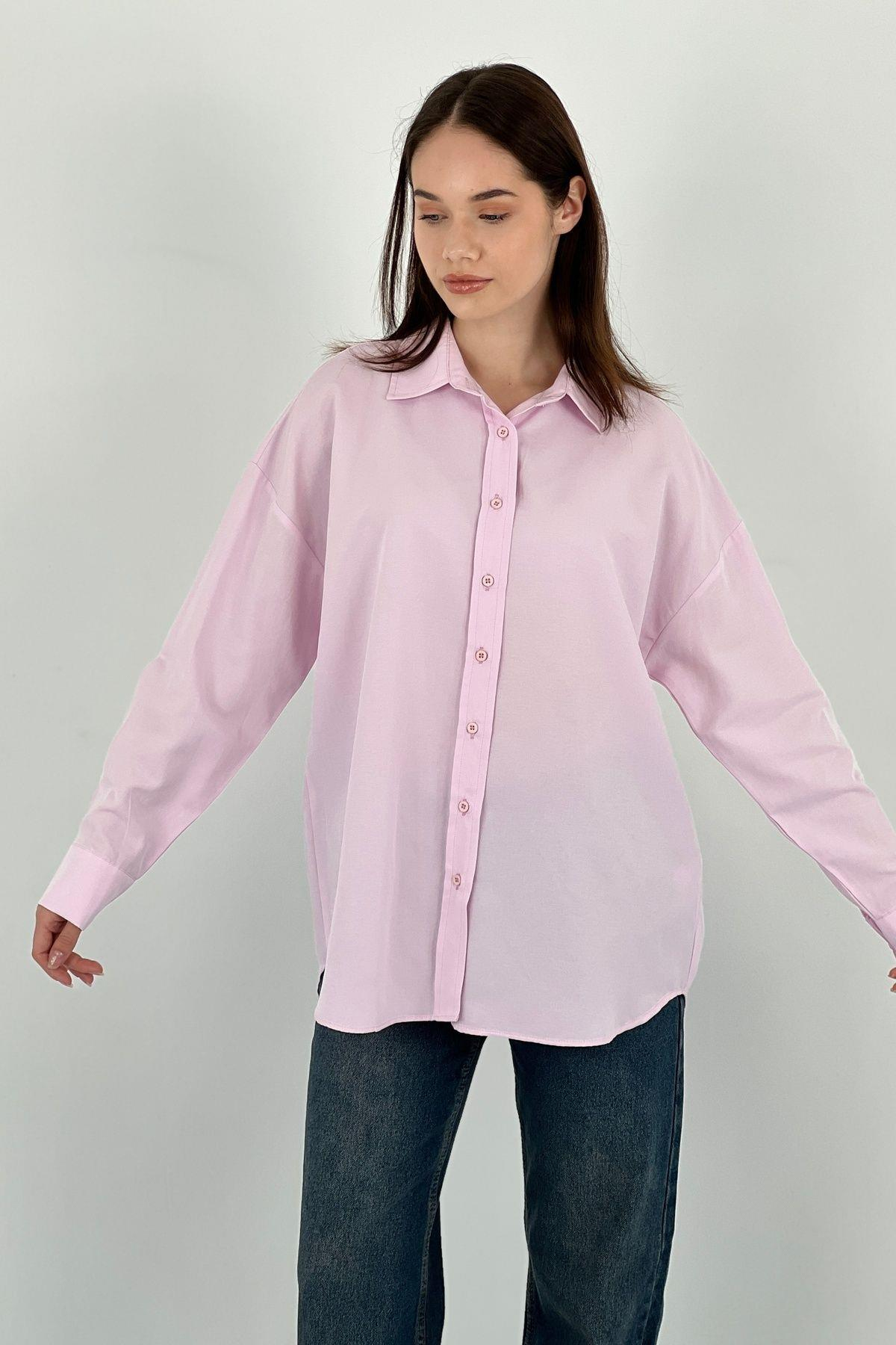 Kadın Polo Yaka Basic Oversize Uzun Kollu Pembe Gömlek-27389