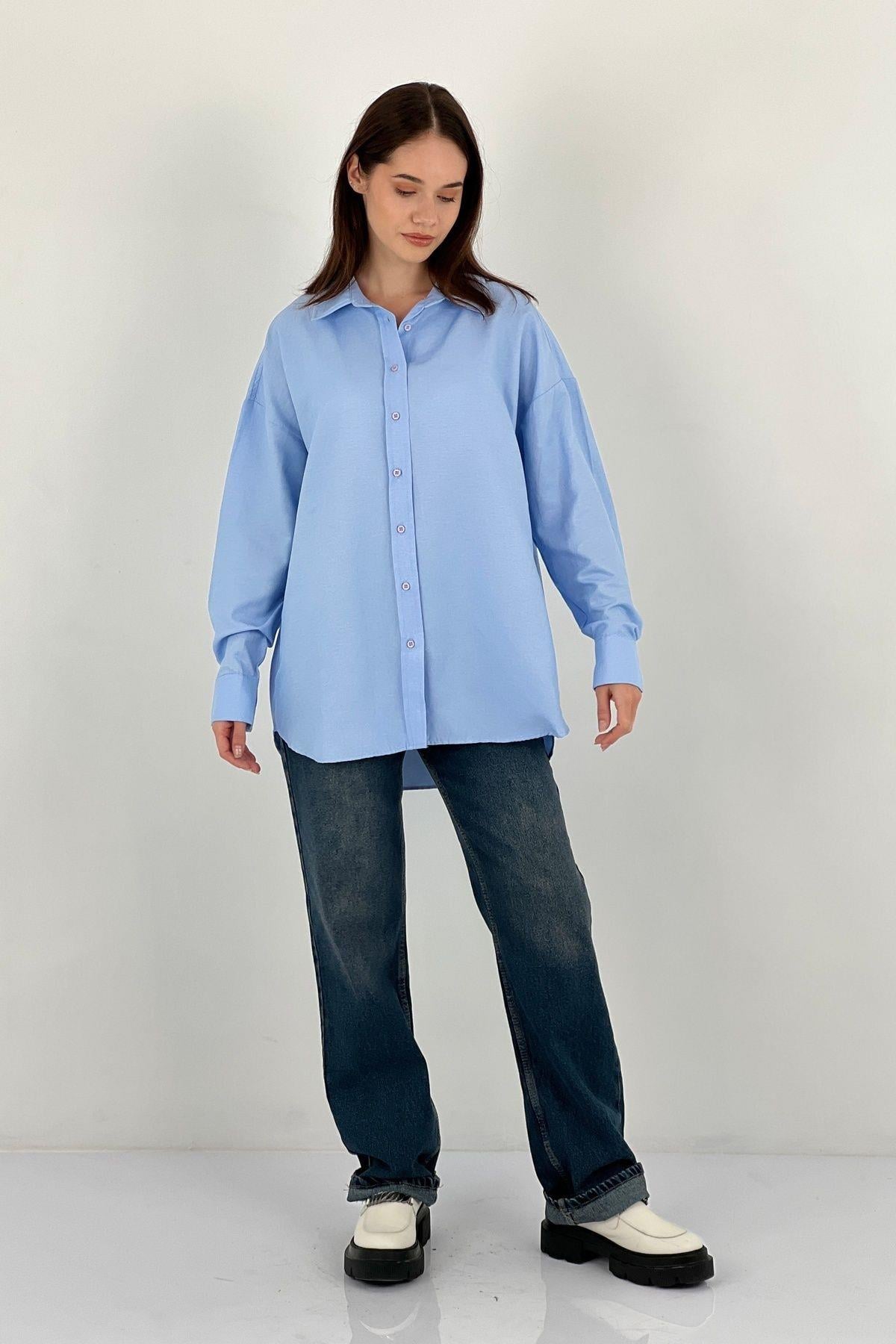 Kadın Polo Yaka Basic Oversize Uzun Kollu Pembe Gömlek-27389