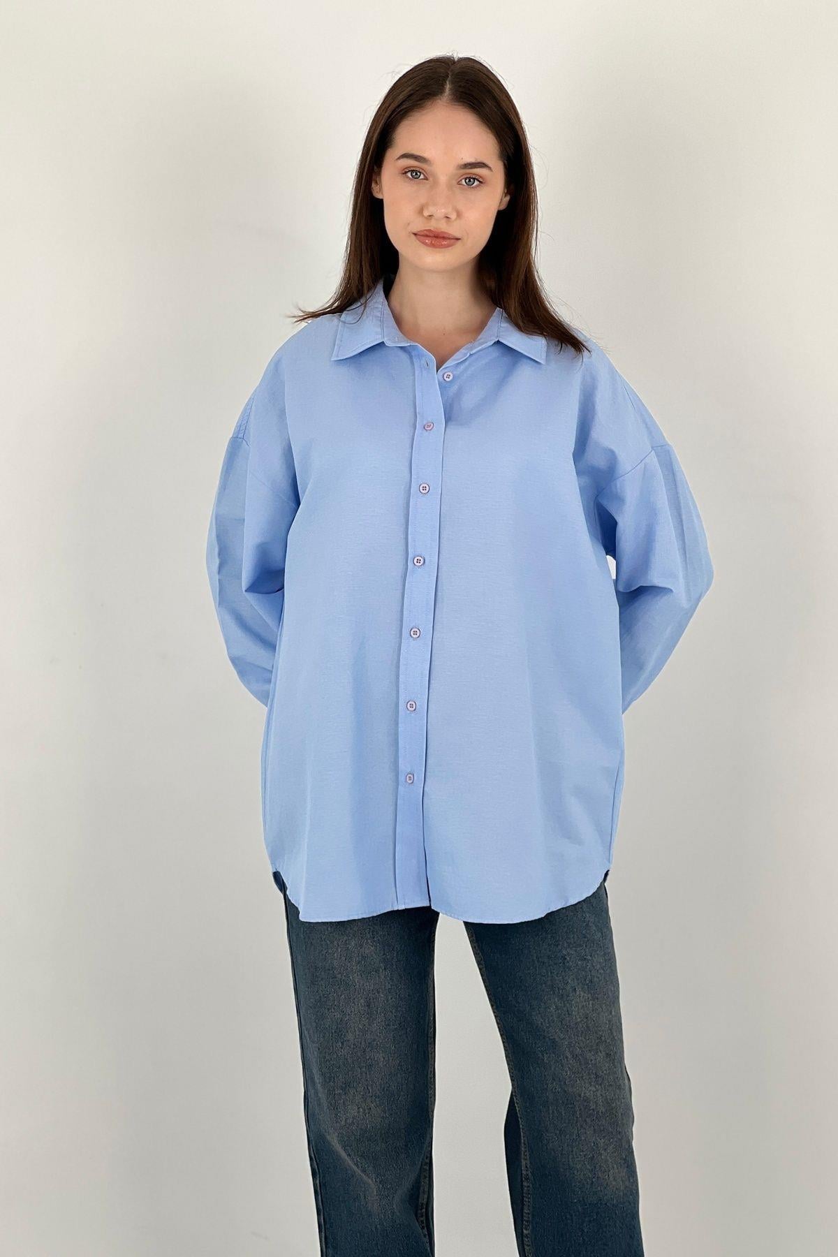Kadın Polo Yaka Basic Oversize Uzun Kollu Pembe Gömlek-27389