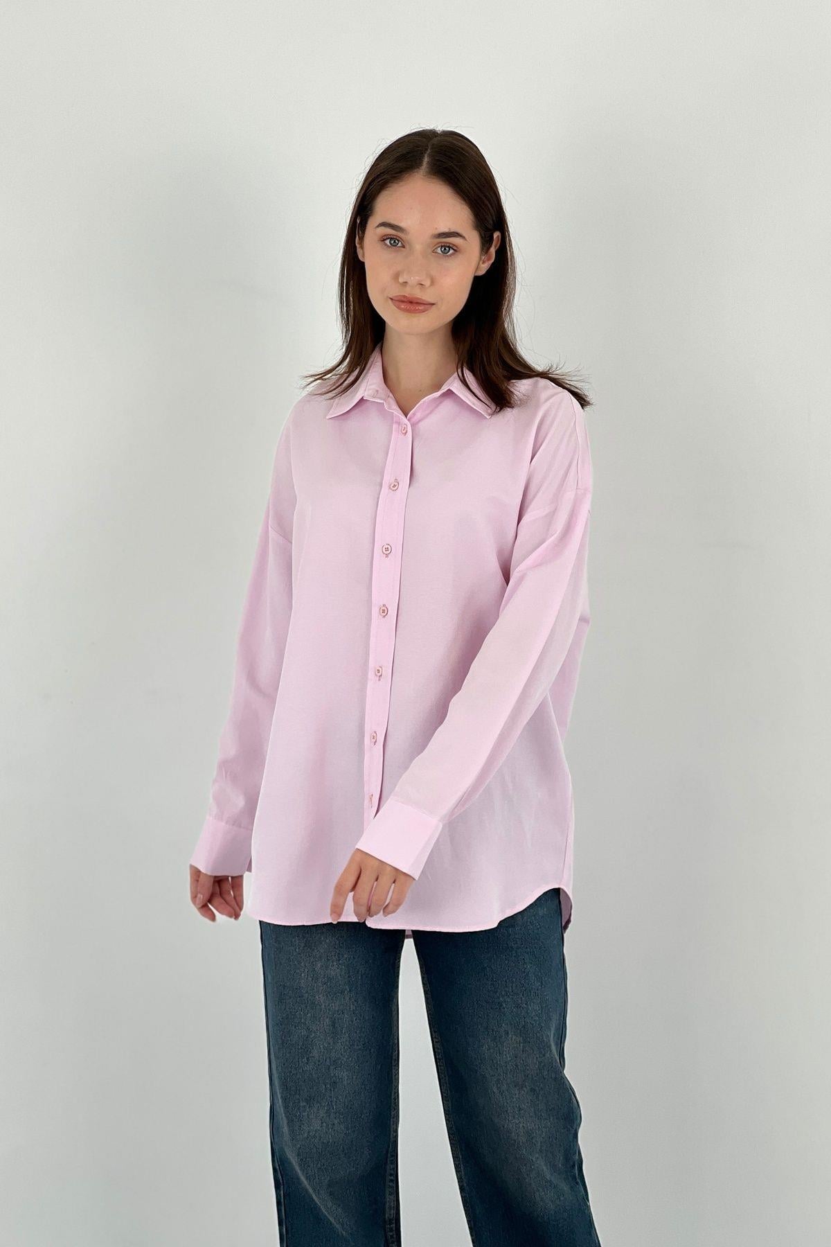 Kadın Polo Yaka Basic Oversize Uzun Kollu Pembe Gömlek-27389