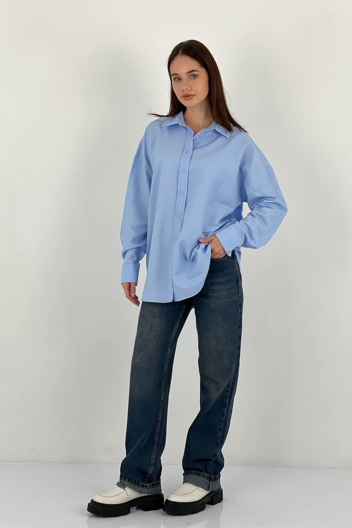 Kadın Polo Yaka Basic Oversize Uzun Kollu Pembe Gömlek-27389