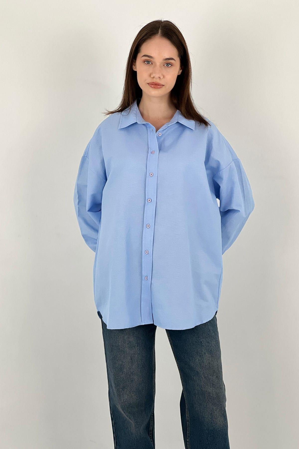 Kadın Polo Yaka Basic Oversize Uzun Kollu Pembe Gömlek-27389