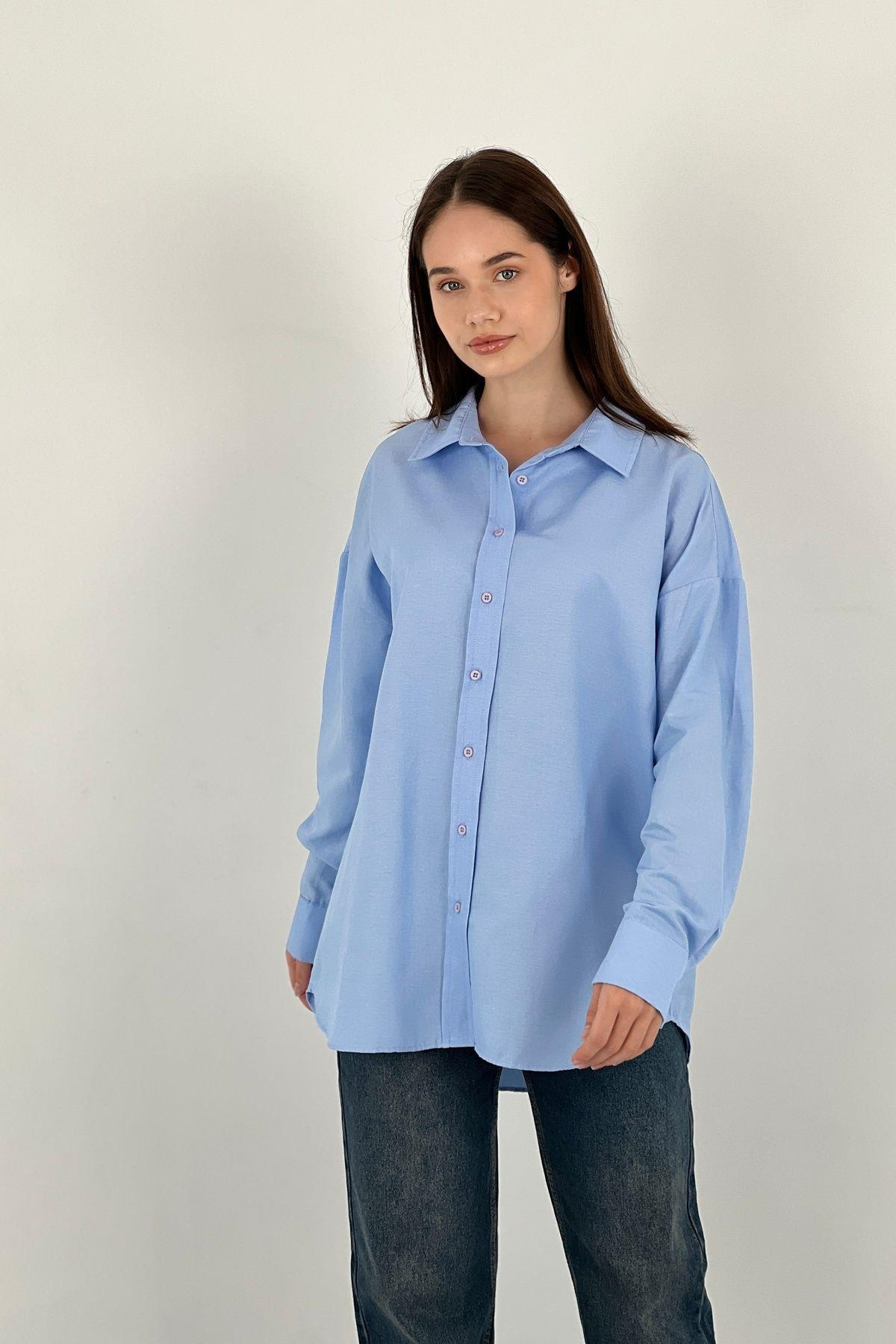 Kadın Polo Yaka Basic Oversize Uzun Kollu Pembe Gömlek-27389