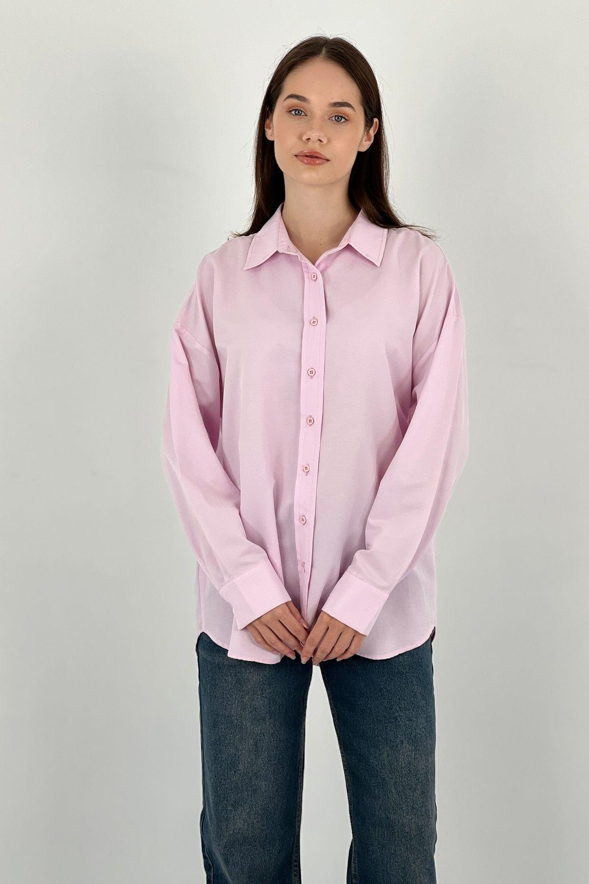 Kadın Polo Yaka Basic Oversize Uzun Kollu Pembe Gömlek-27389