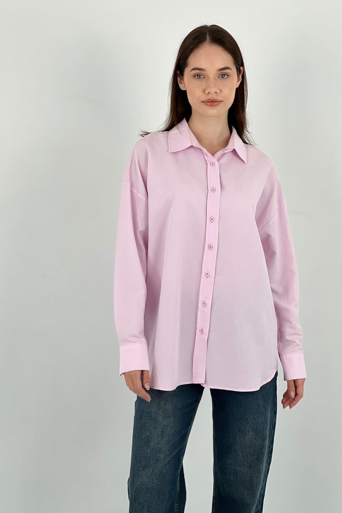 Kadın Polo Yaka Basic Oversize Uzun Kollu Pembe Gömlek-27389