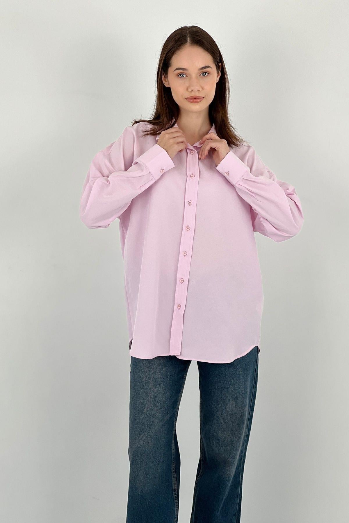 Kadın Polo Yaka Basic Oversize Uzun Kollu Pembe Gömlek-27389