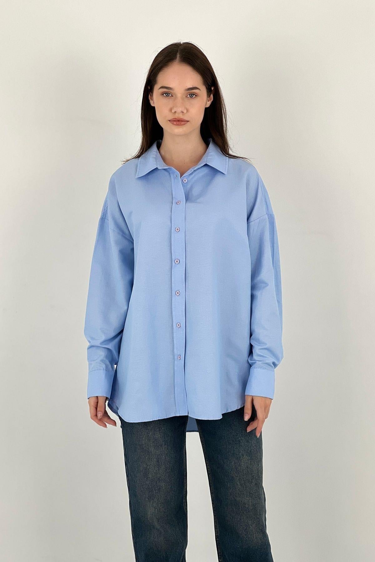 Kadın Polo Yaka Basic Oversize Uzun Kollu Pembe Gömlek-27389
