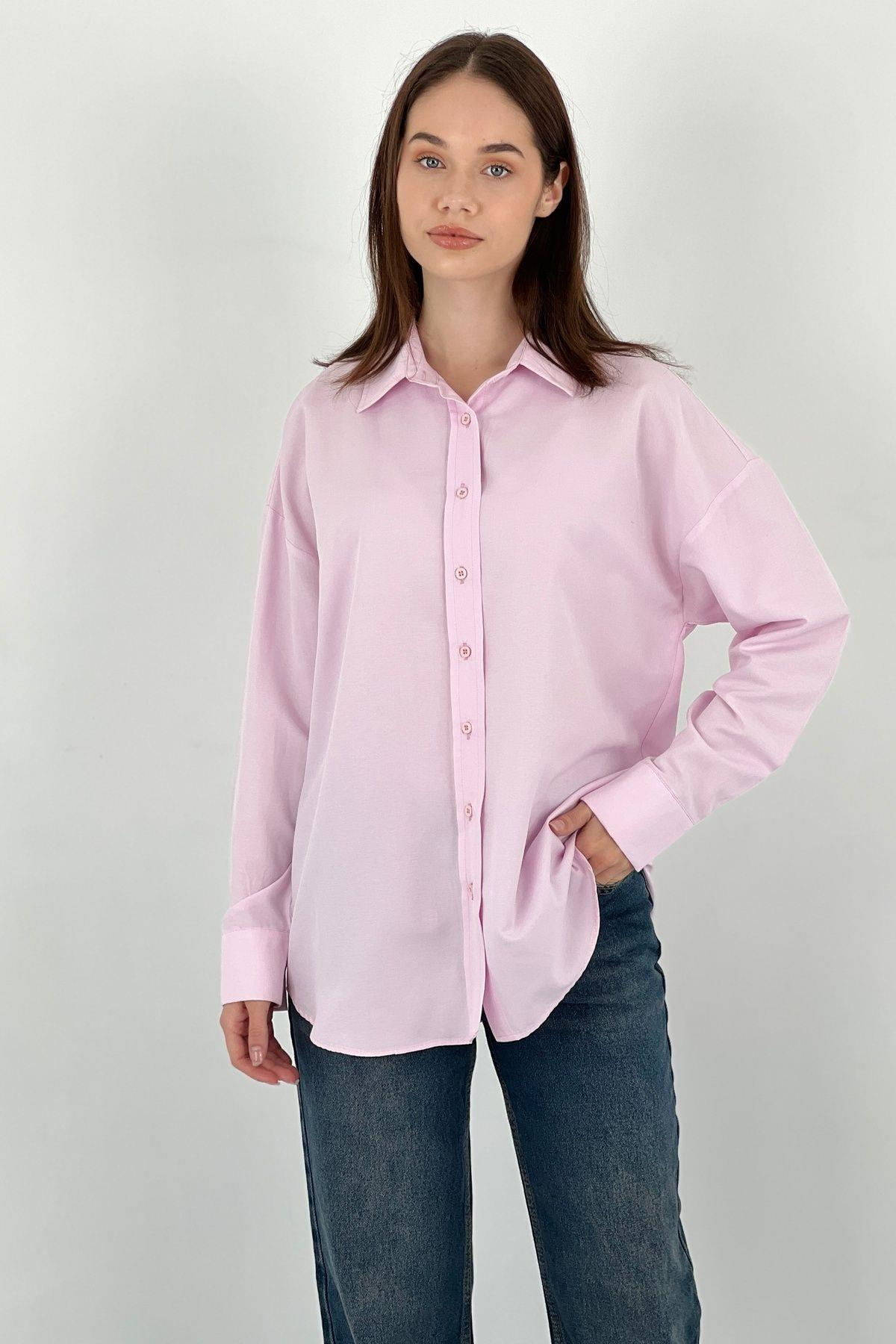 Kadın Polo Yaka Basic Oversize Uzun Kollu Pembe Gömlek-27389