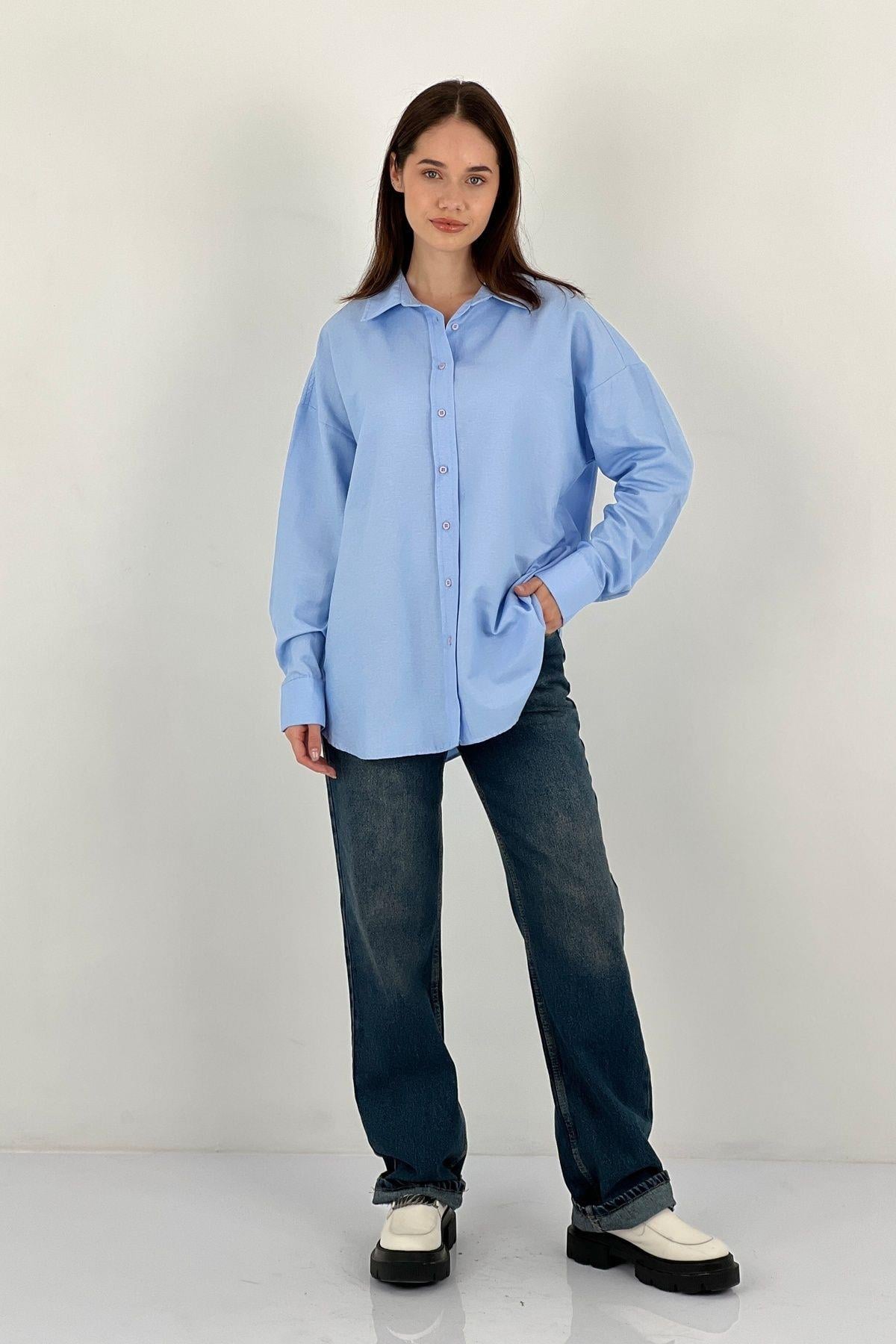 Kadın Polo Yaka Basic Oversize Uzun Kollu Pembe Gömlek-27389