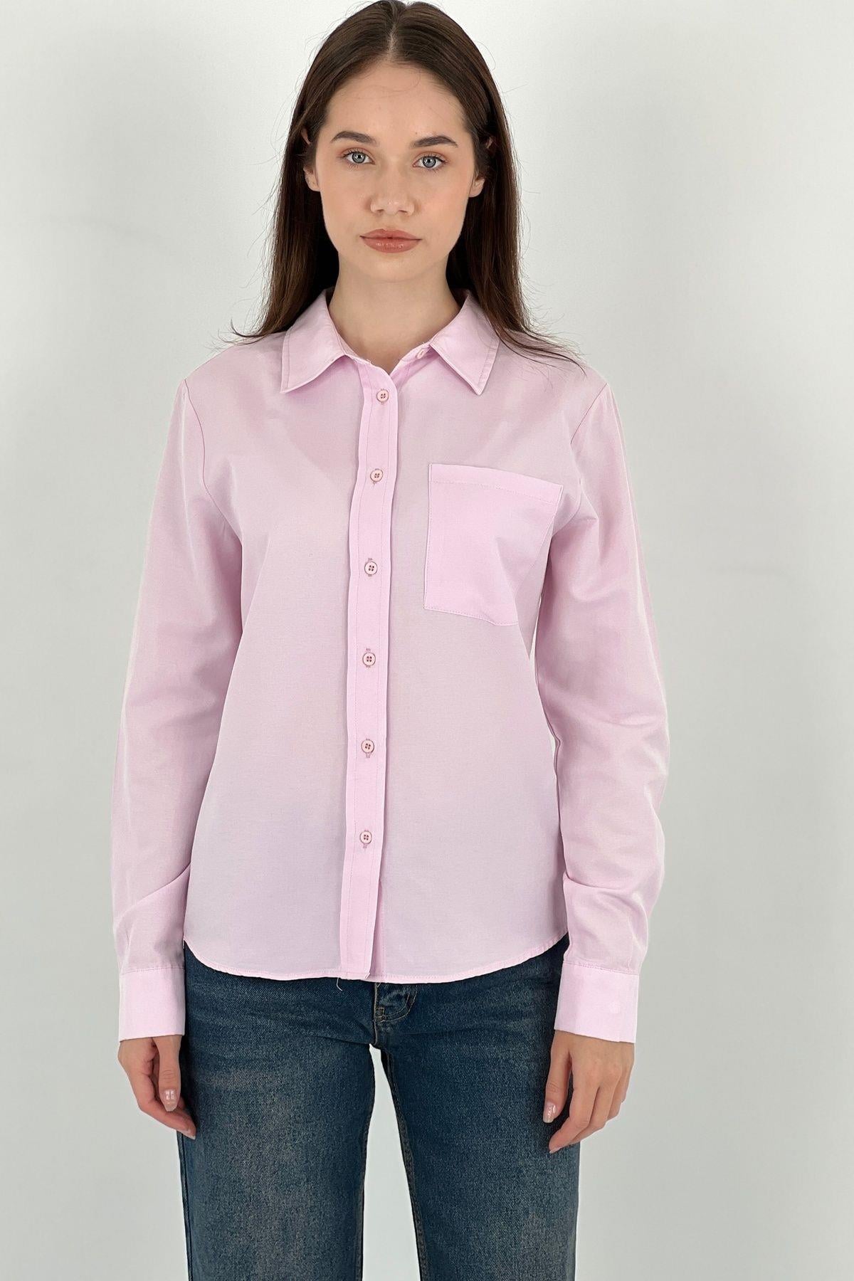 Kadın Polo Yaka Basic Slim Fit Cepli Gömlek-27390