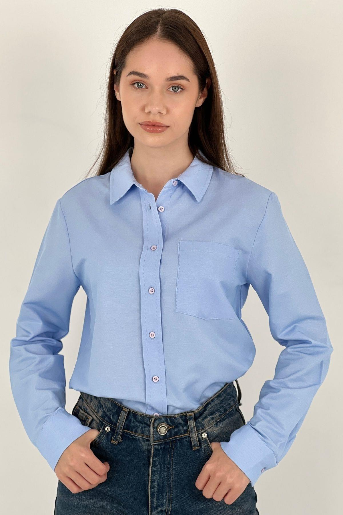 Kadın Polo Yaka Basic Slim Fit Cepli Gömlek-27390