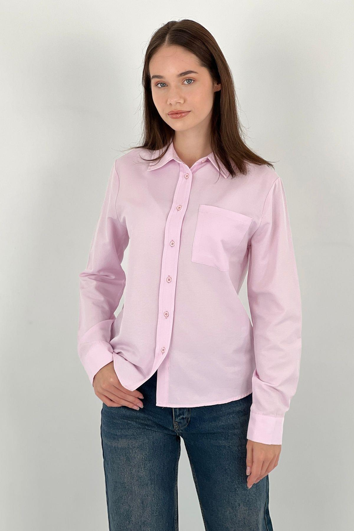 Kadın Polo Yaka Basic Slim Fit Cepli Gömlek-27390