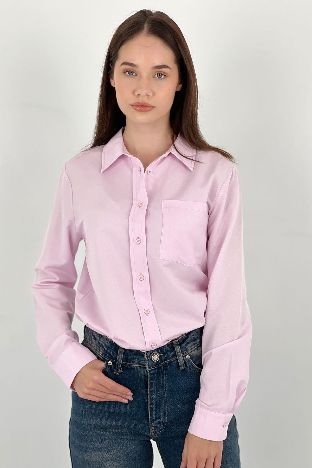 Kadın Polo Yaka Basic Slim Fit Cepli Gömlek-27390