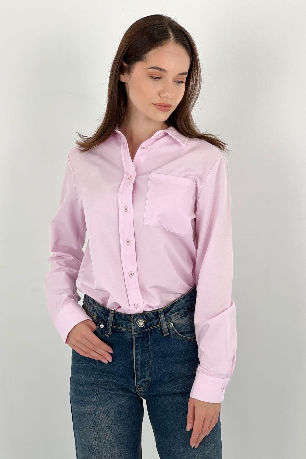 Kadın Polo Yaka Basic Slim Fit Cepli Gömlek-27390