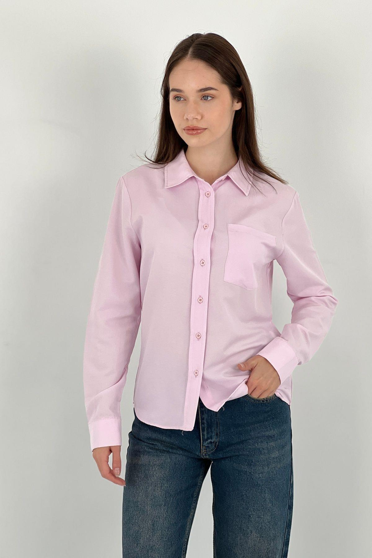 Kadın Polo Yaka Basic Slim Fit Cepli Gömlek-27390