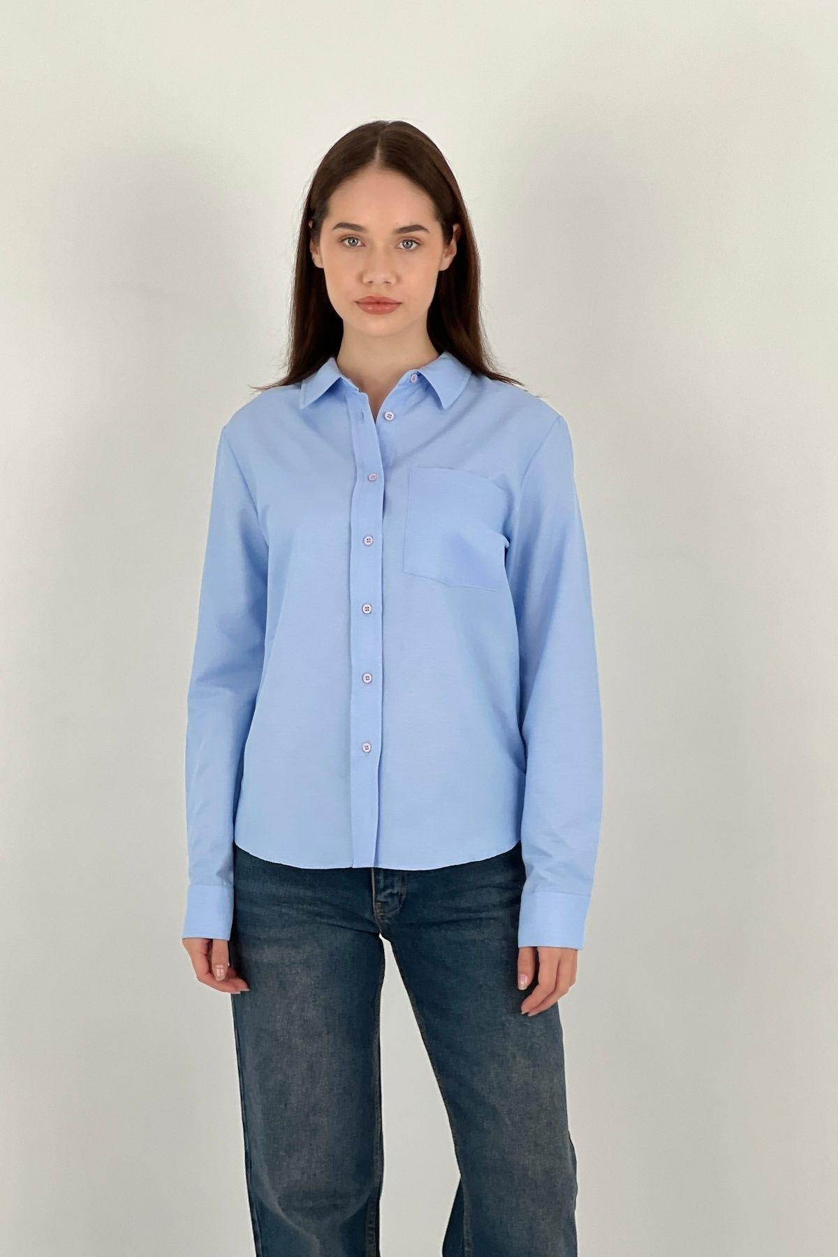 Kadın Polo Yaka Basic Slim Fit Cepli Gömlek-27390