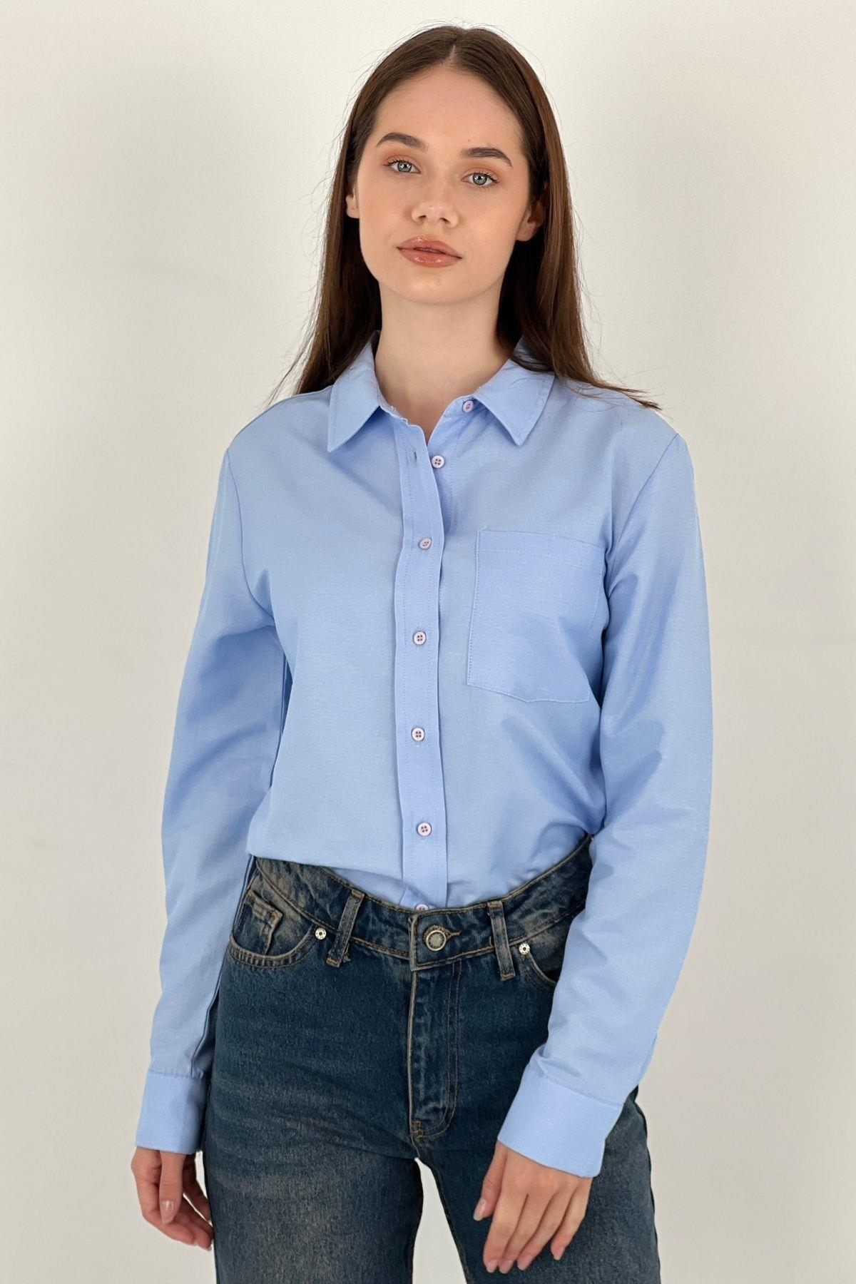 Kadın Polo Yaka Basic Slim Fit Cepli Gömlek-27390