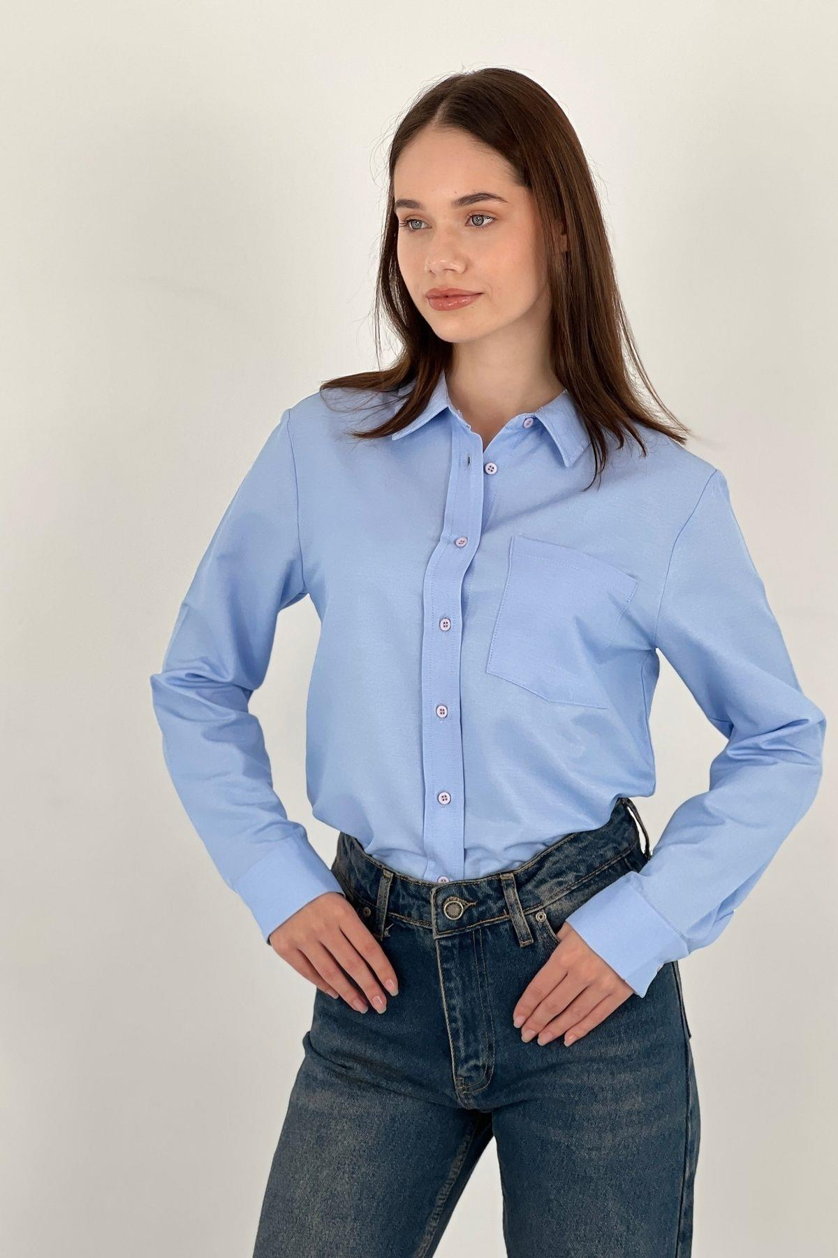 Kadın Polo Yaka Basic Slim Fit Cepli Gömlek-27390