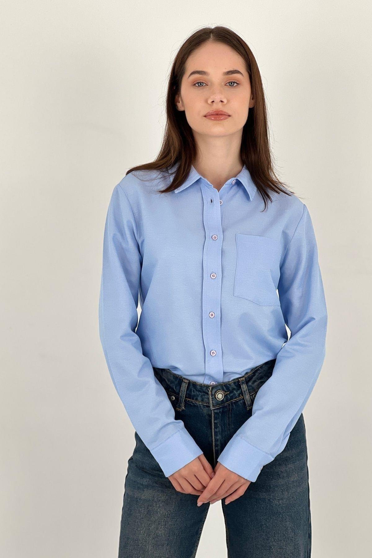 Kadın Polo Yaka Basic Slim Fit Cepli Gömlek-27390