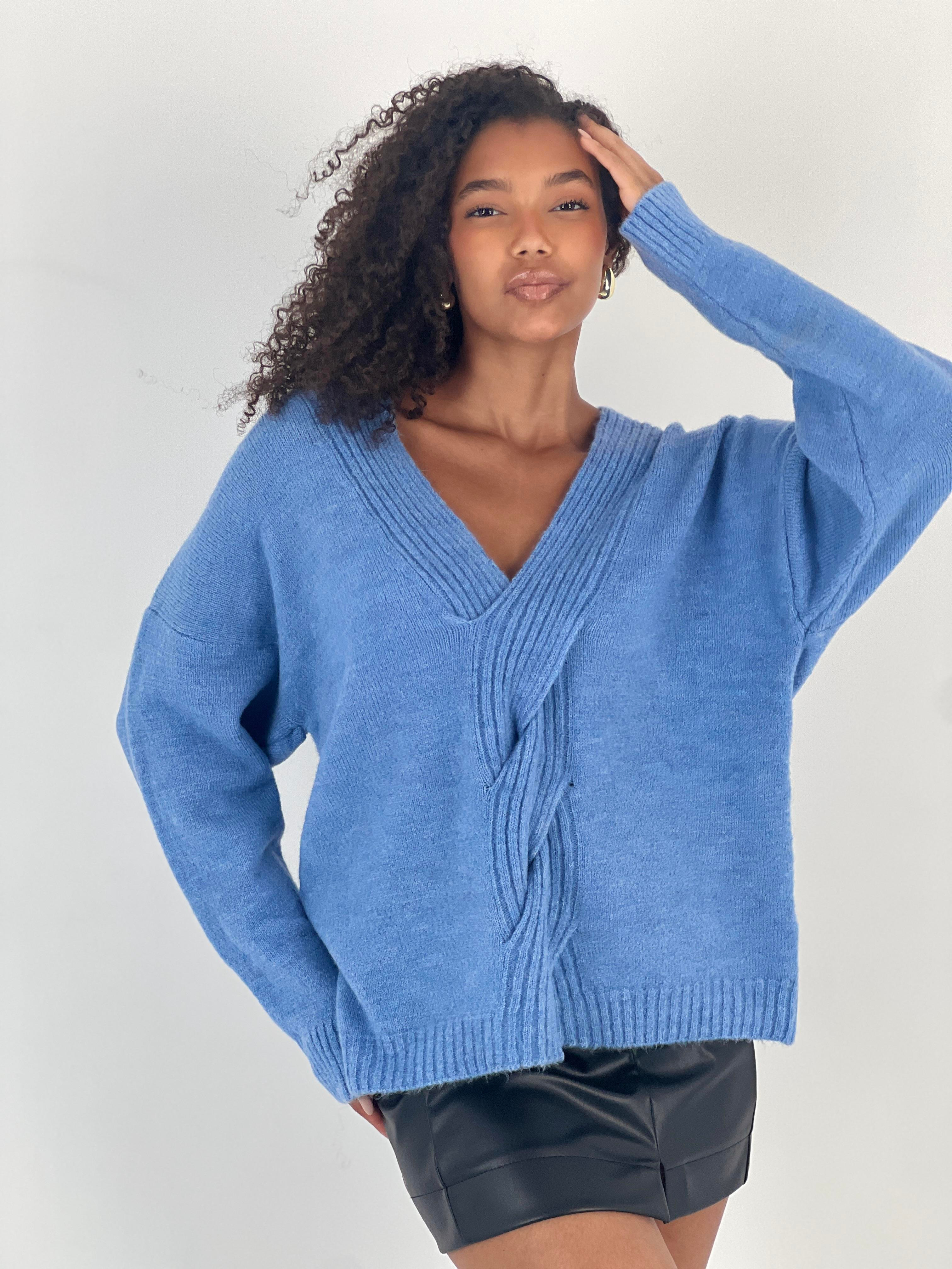 Kadın Saç Örgü Detaylı V Yaka Mavi Triko-34532