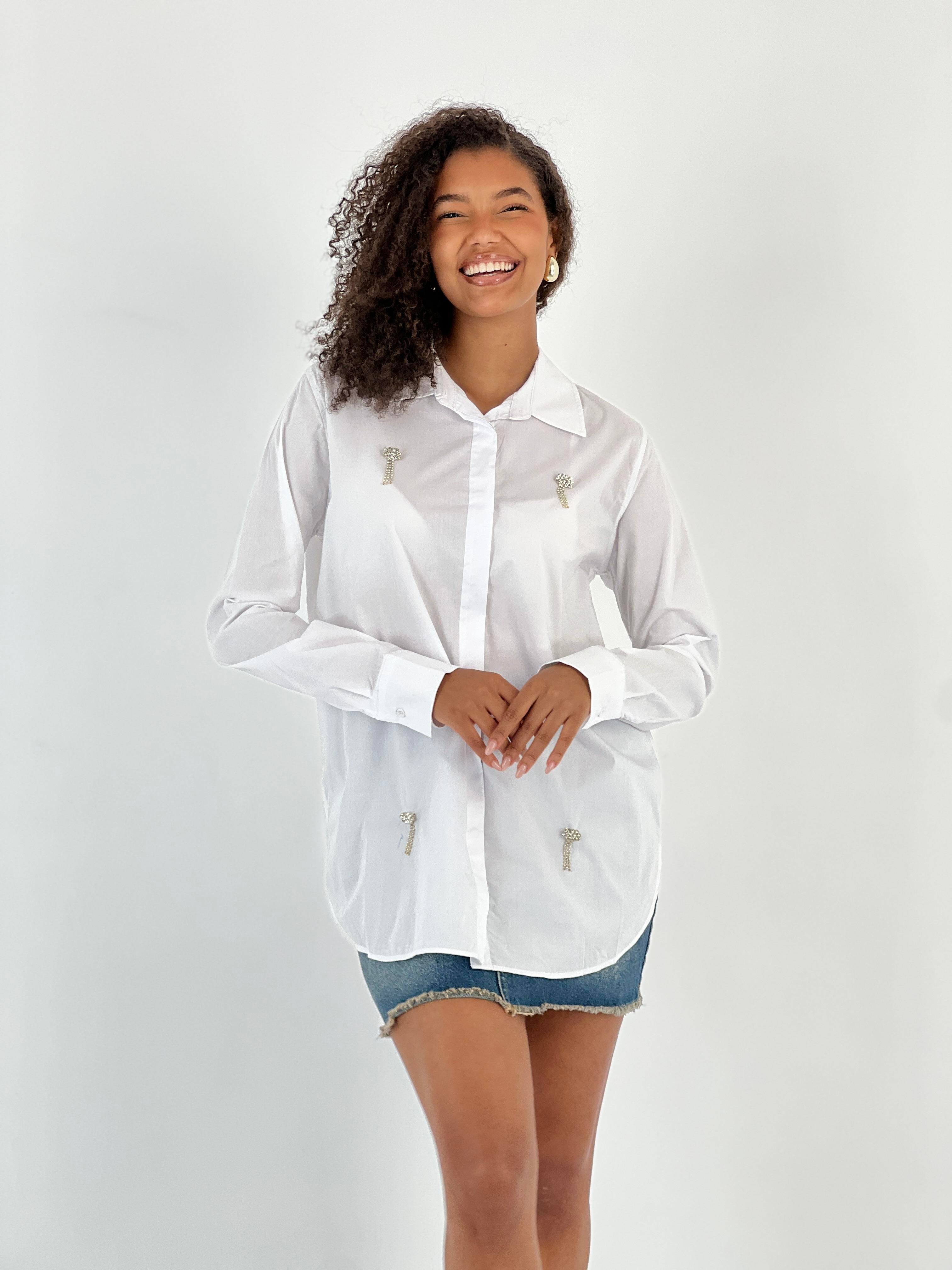 Kadın Sallama Pırlanta Detaylı Beyaz Gömlek-27328-X1