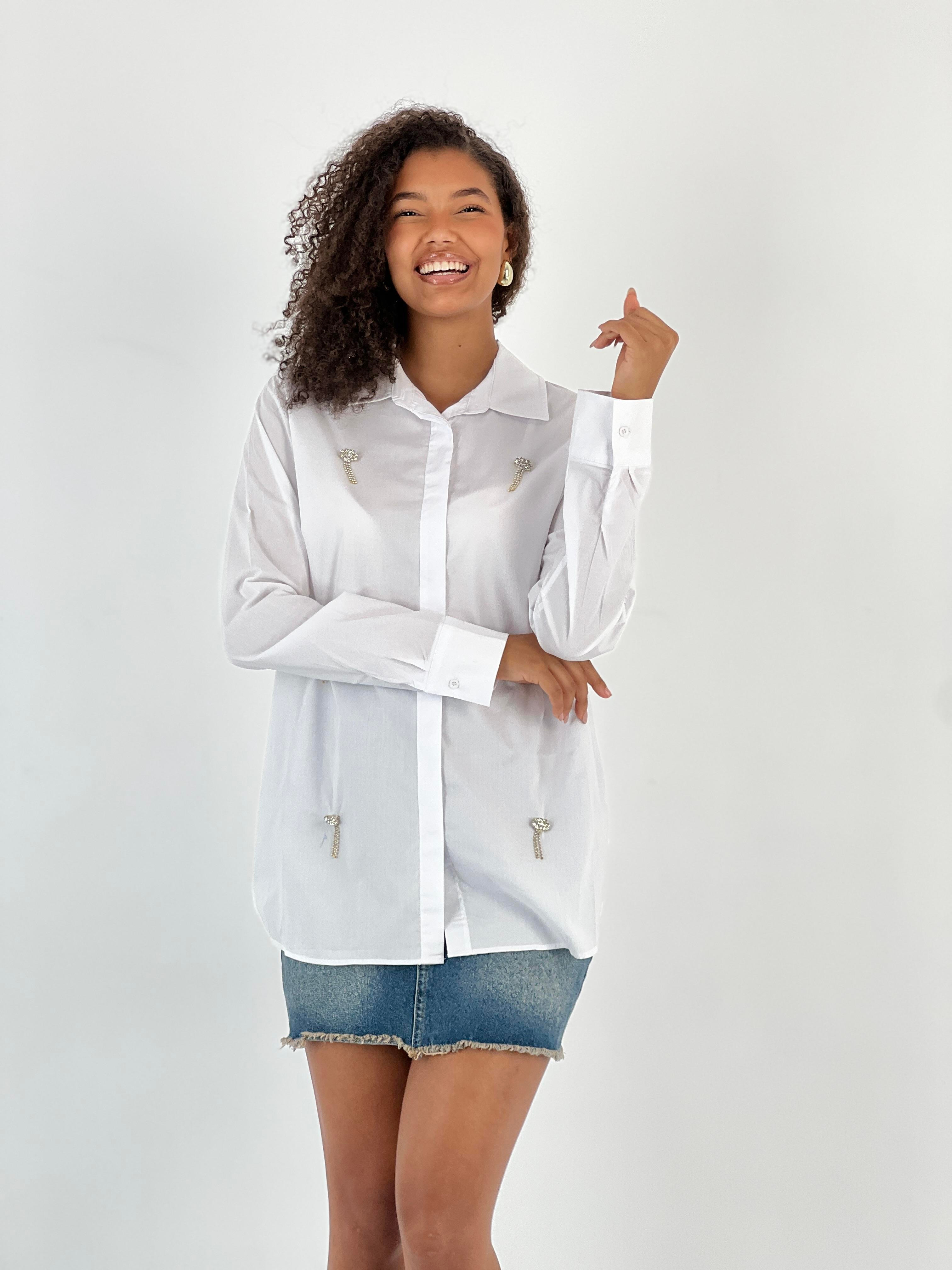 Kadın Sallama Pırlanta Detaylı Beyaz Gömlek-27328-X1