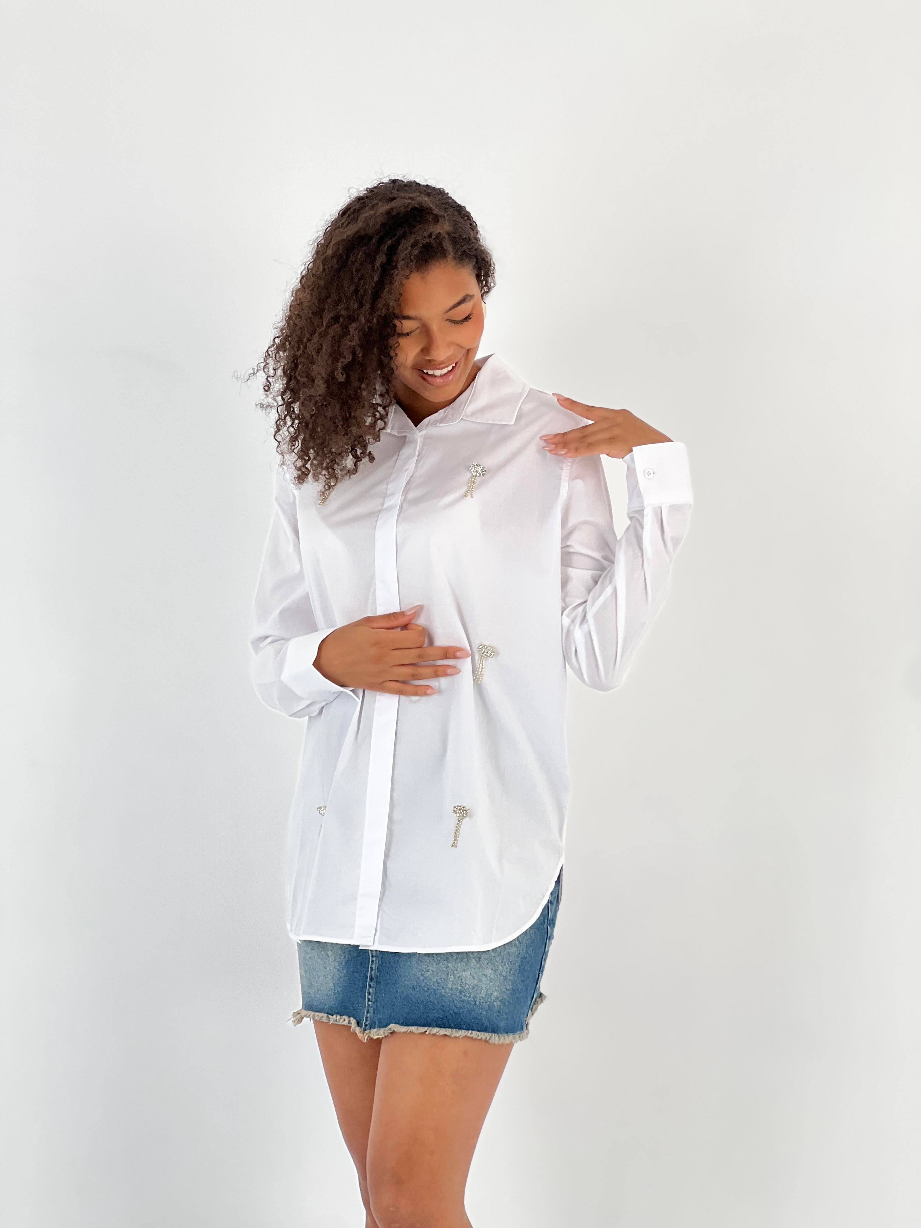 Kadın Sallama Pırlanta Detaylı Beyaz Gömlek-27328-X1