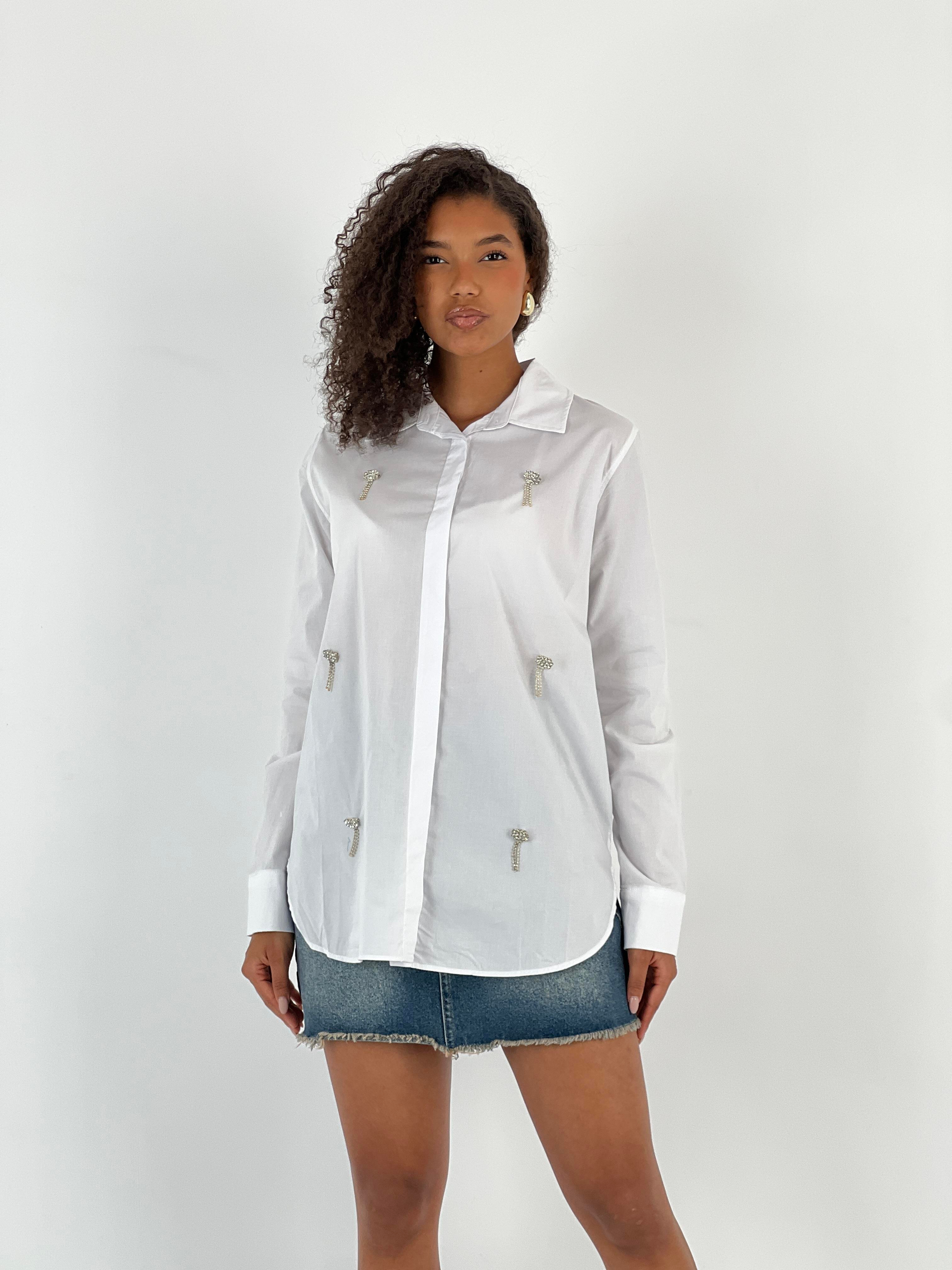 Kadın Sallama Pırlanta Detaylı Beyaz Gömlek-27328-X1