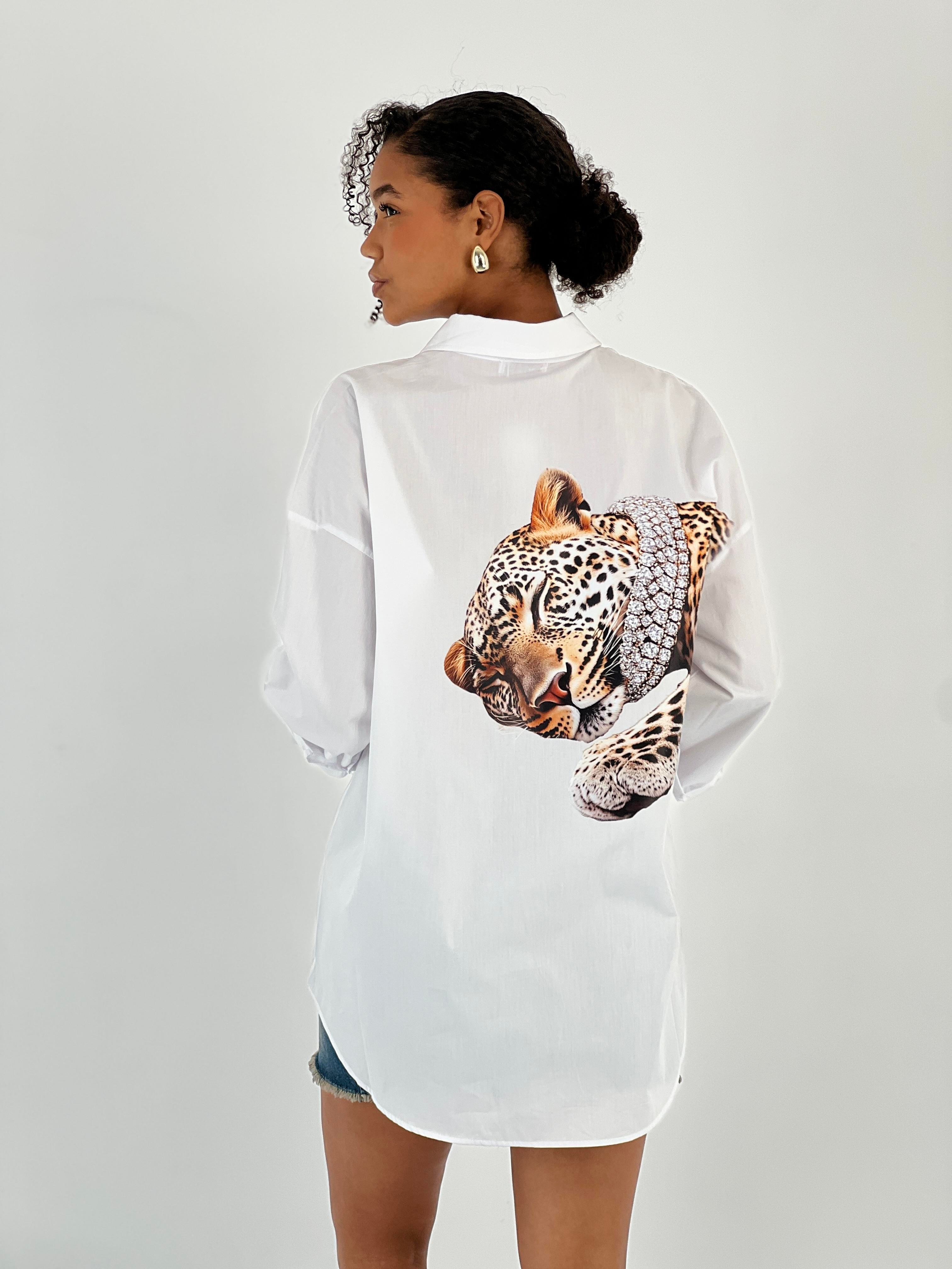 Kadın Sırt Leopar Desenli Beyaz Gömlek-27316-X35