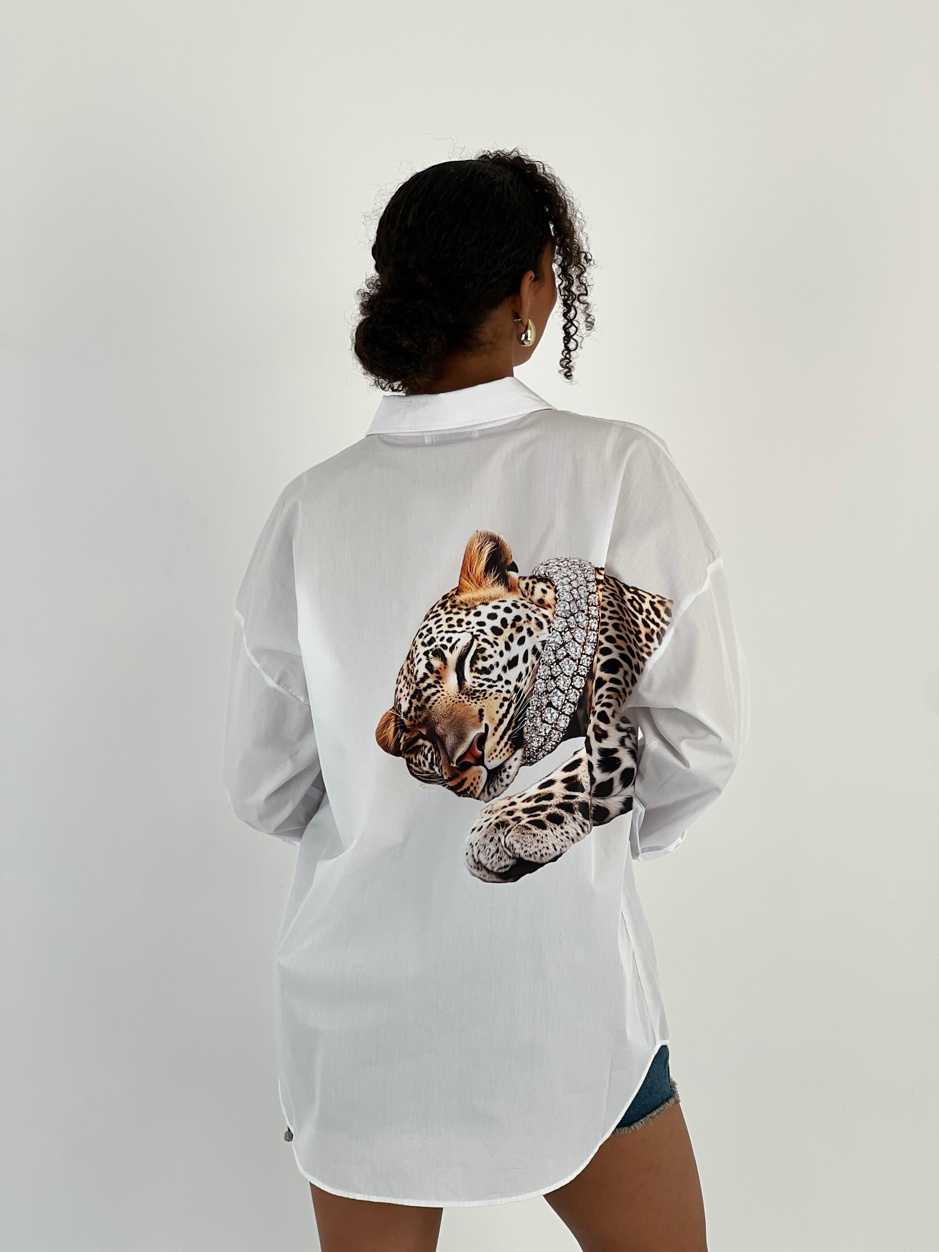 Kadın Sırt Leopar Desenli Beyaz Gömlek-27316-X35