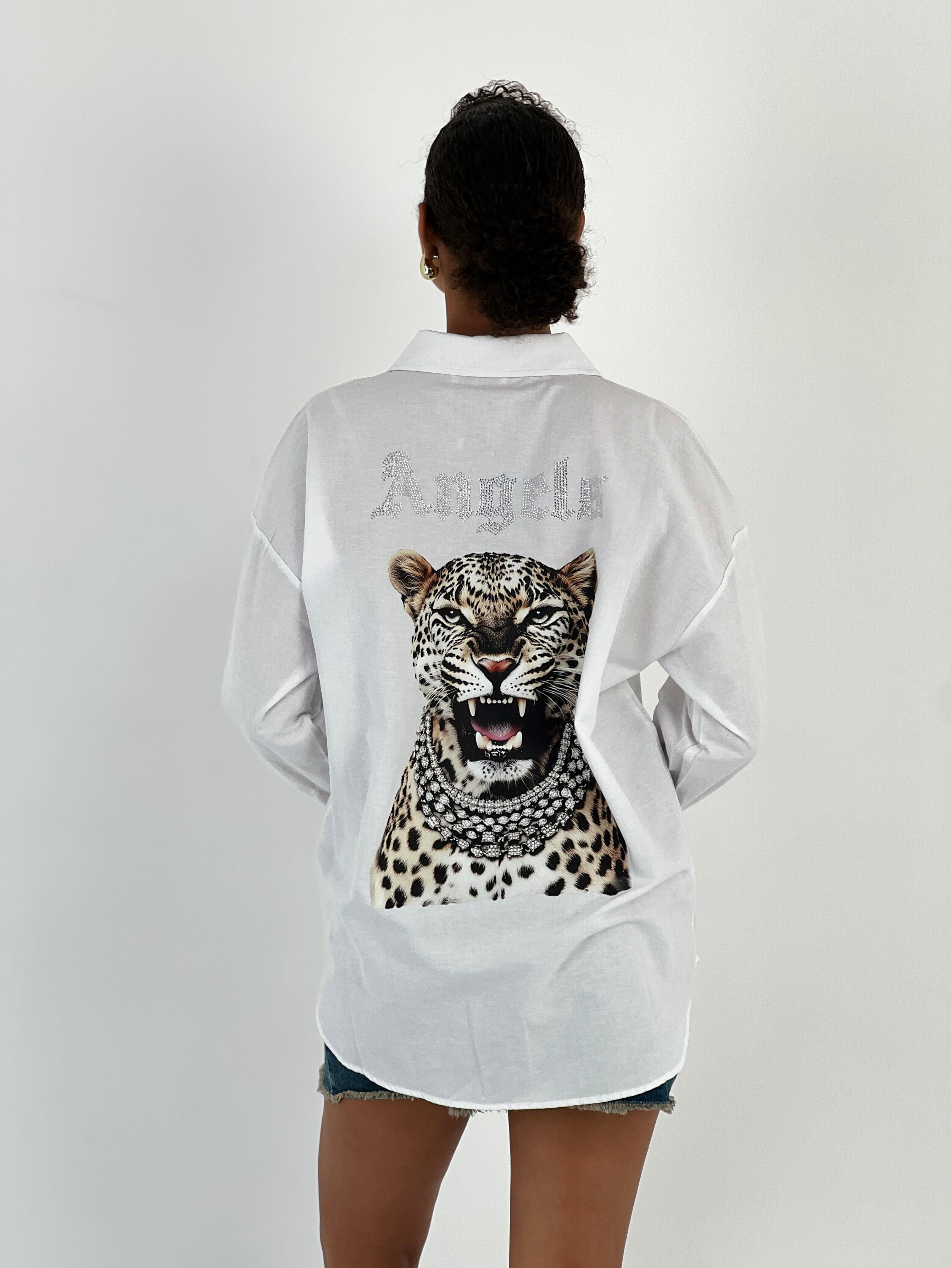 Kadın Sırt Taşlı Leopar Baskılı Beyaz Gömlek-27389-X3