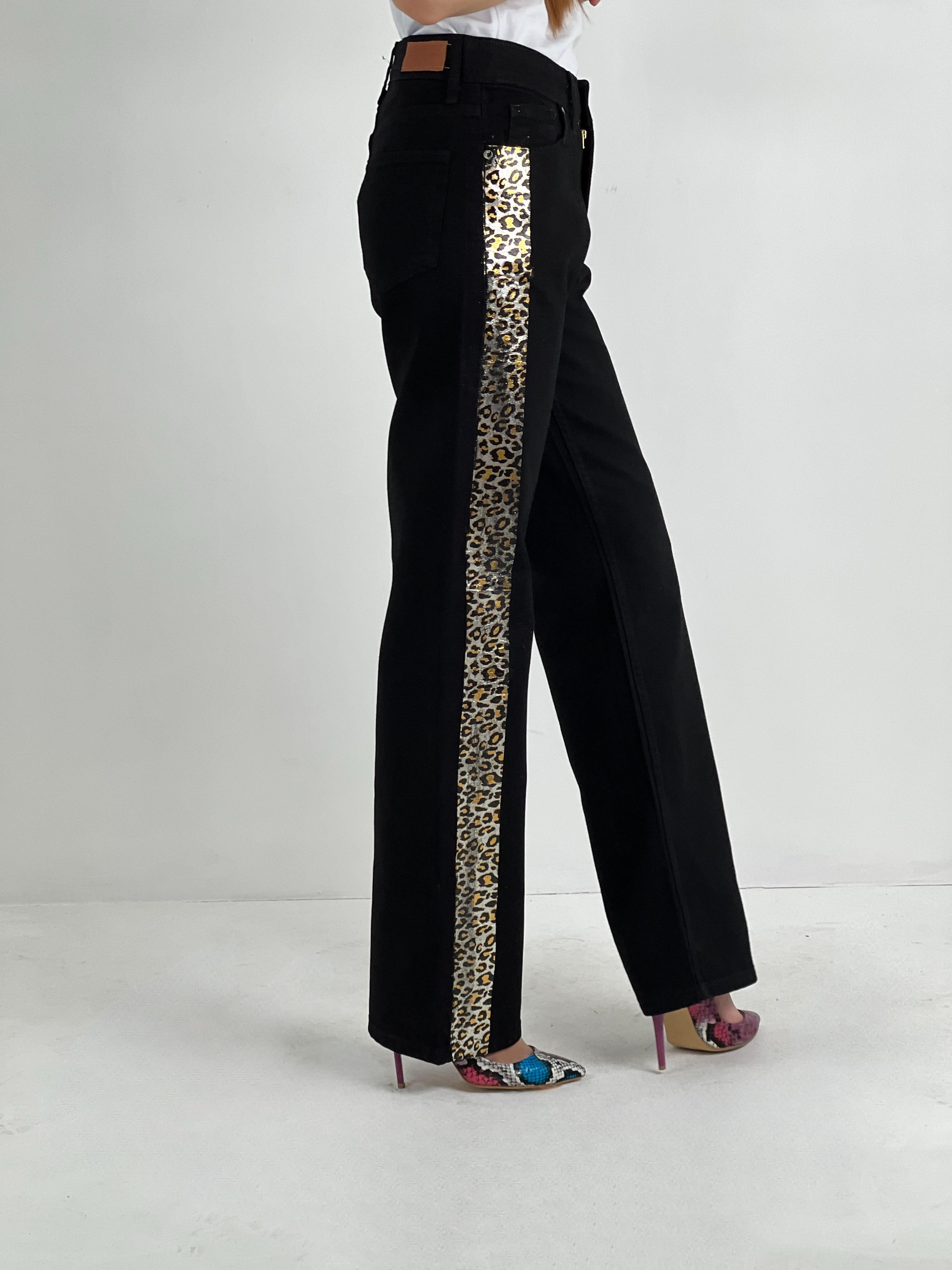 Kadın Siyah Leopar Varak Baskı Detaylı Wide Leg Jean-72792-4SLPR