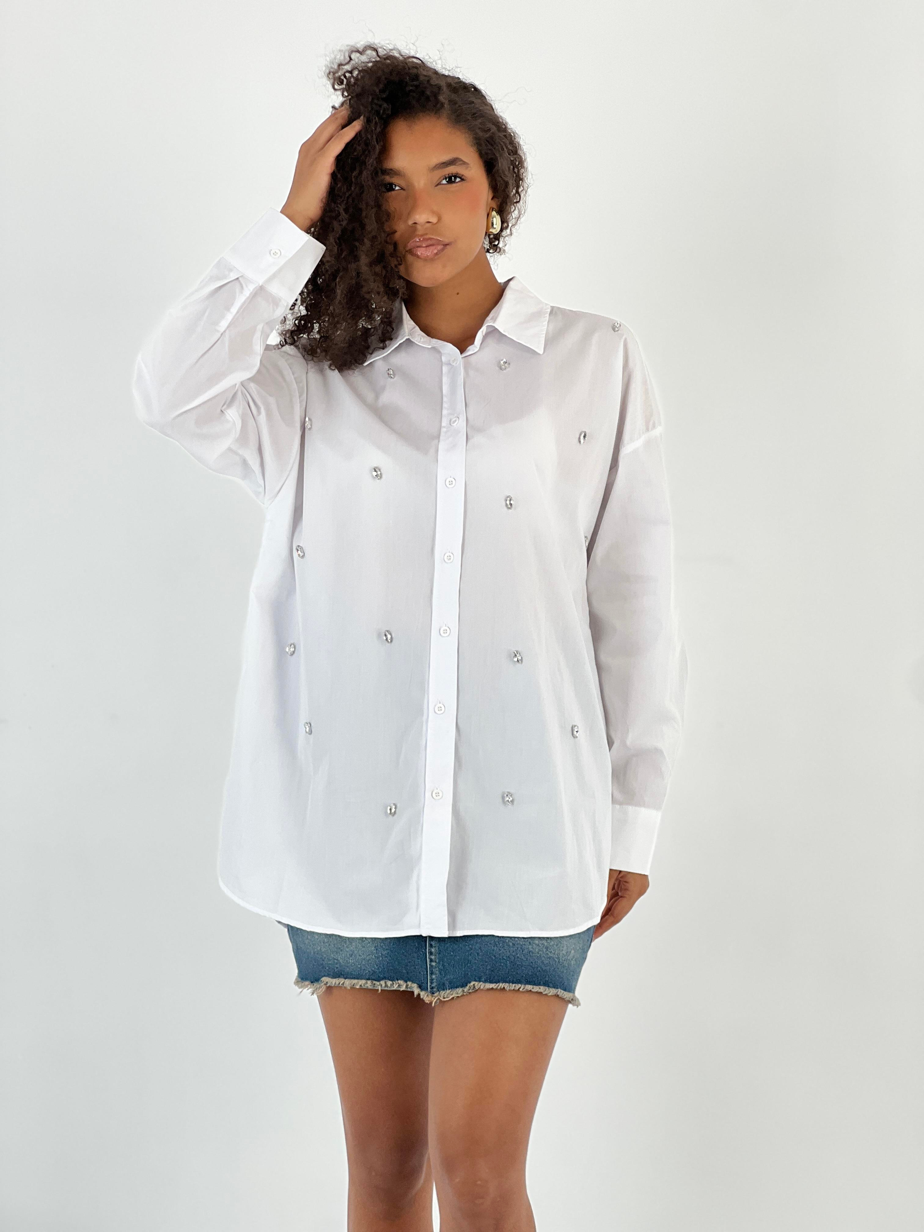 Kadın Taş Detaylı Beyaz Gömlek-27316-X28