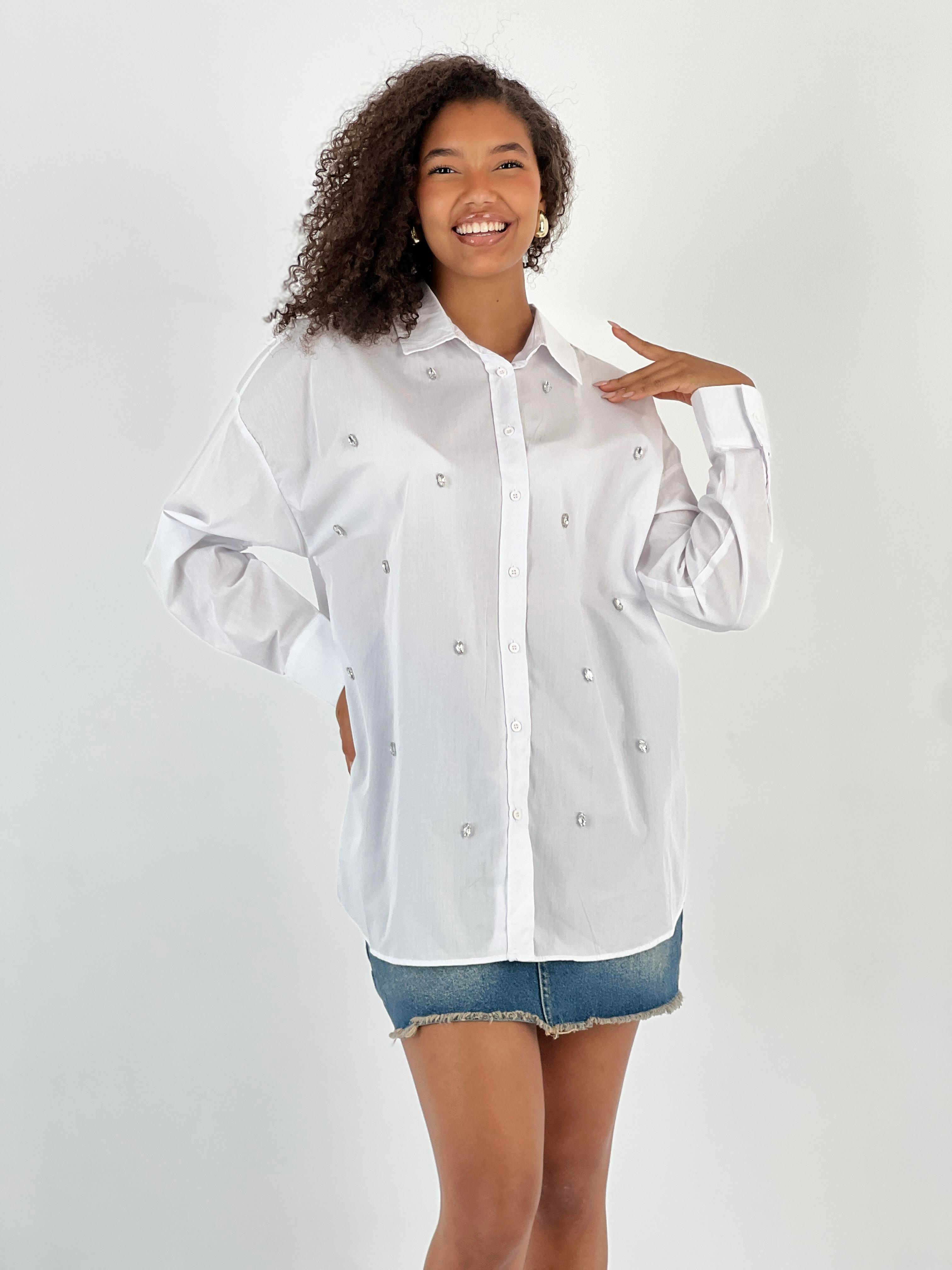 Kadın Taş Detaylı Beyaz Gömlek-27316-X28