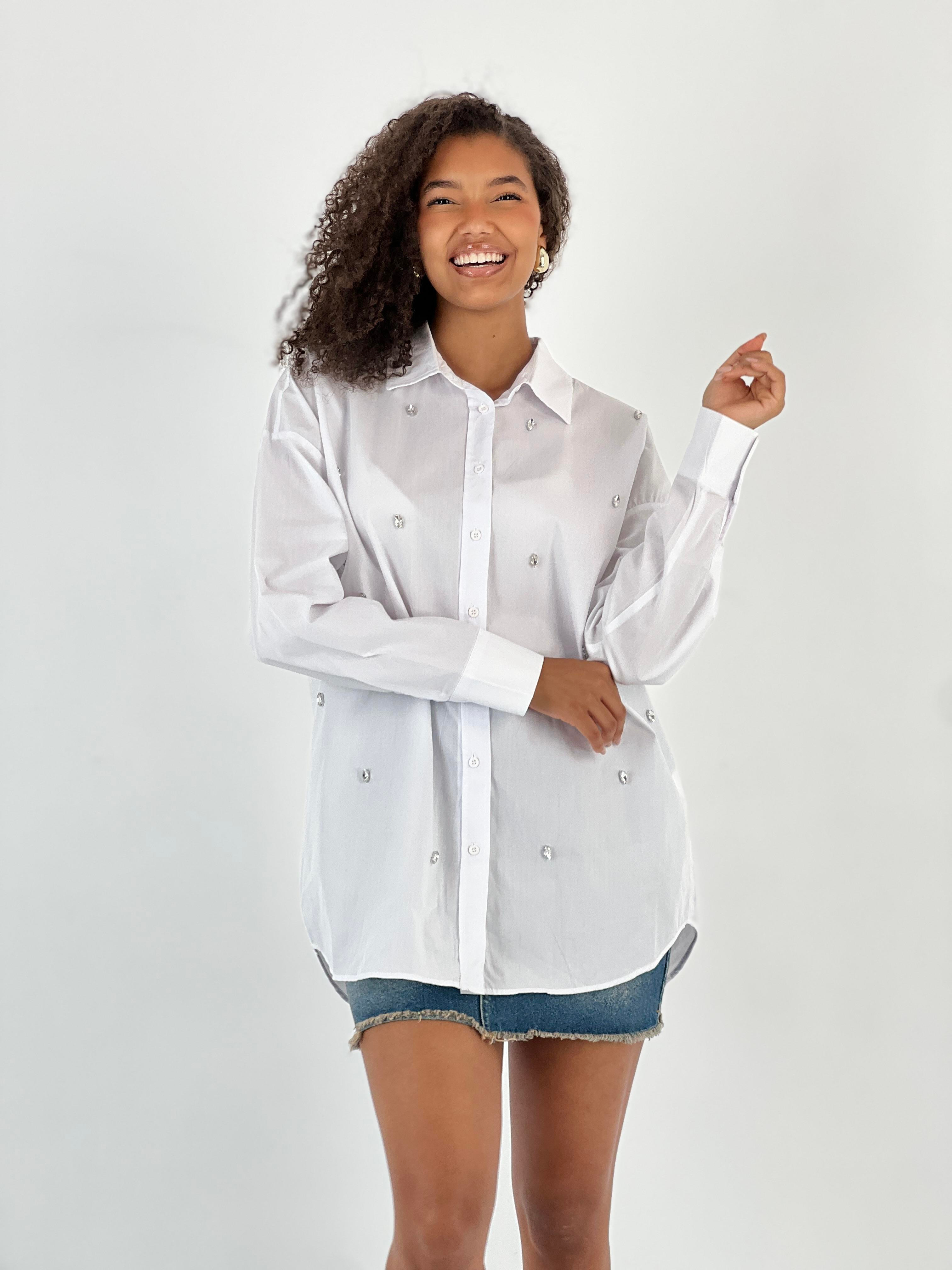 Kadın Taş Detaylı Beyaz Gömlek-27316-X28