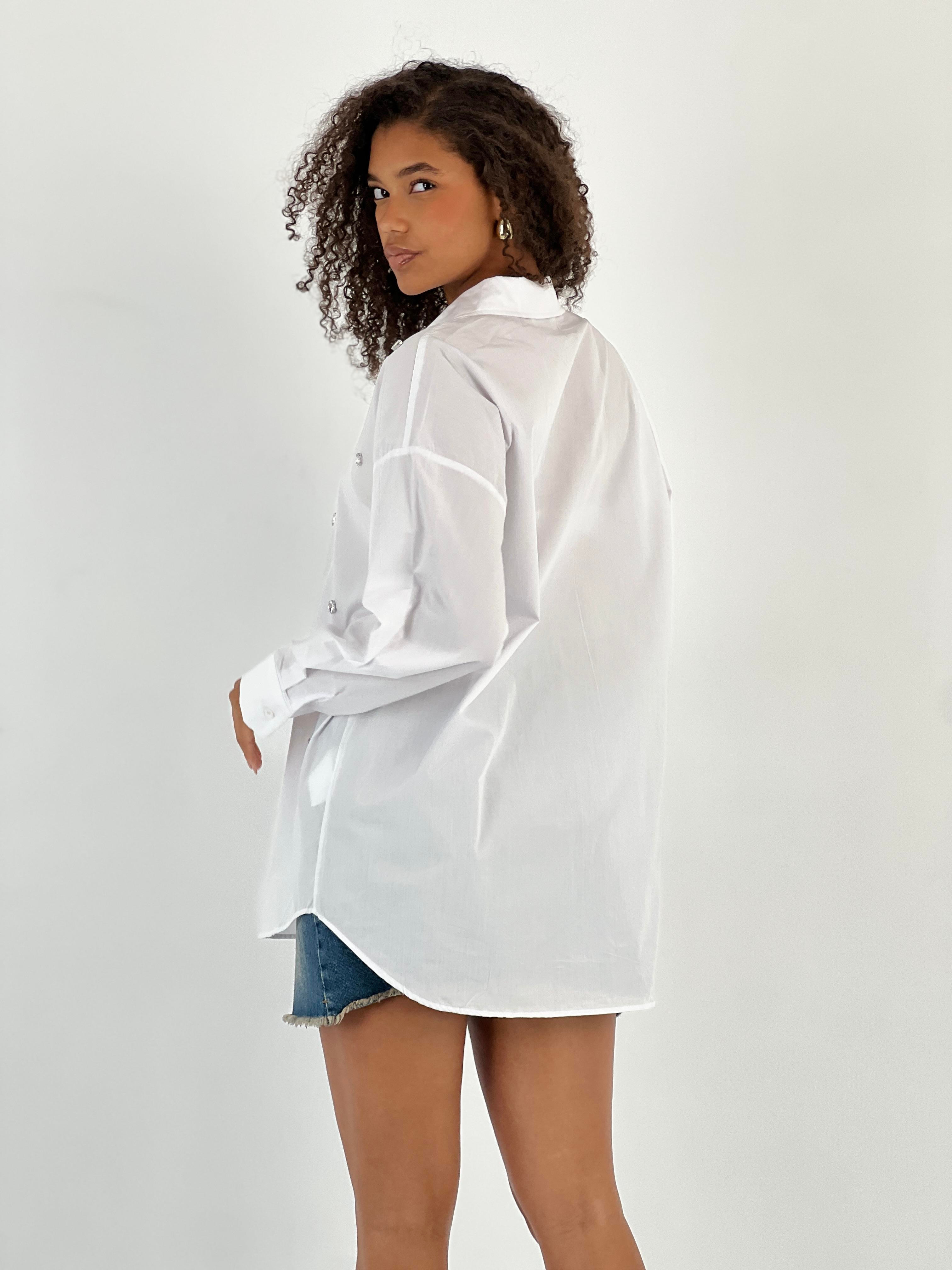 Kadın Taş Detaylı Beyaz Gömlek-27316-X28