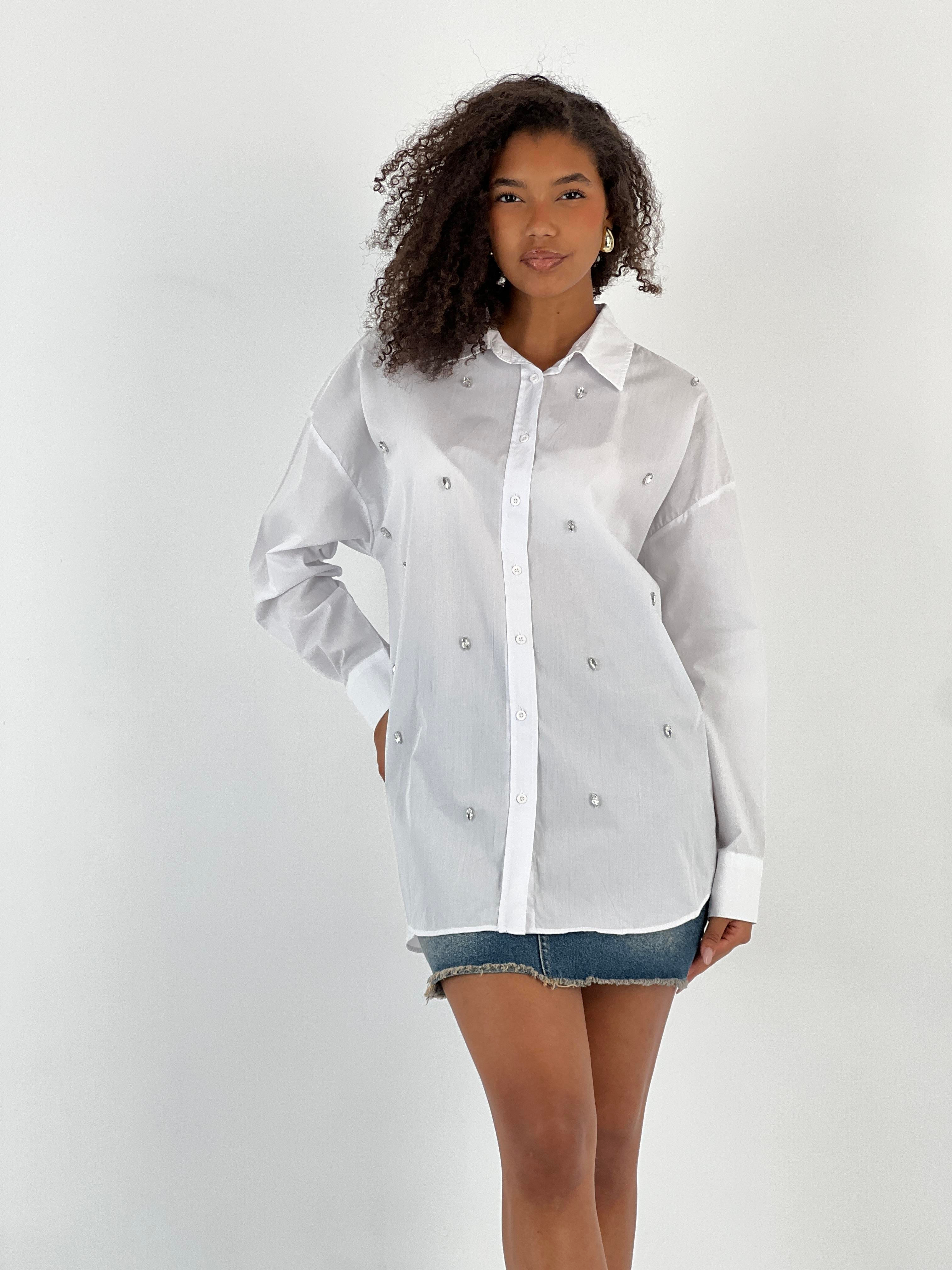 Kadın Taş Detaylı Beyaz Gömlek-27316-X28