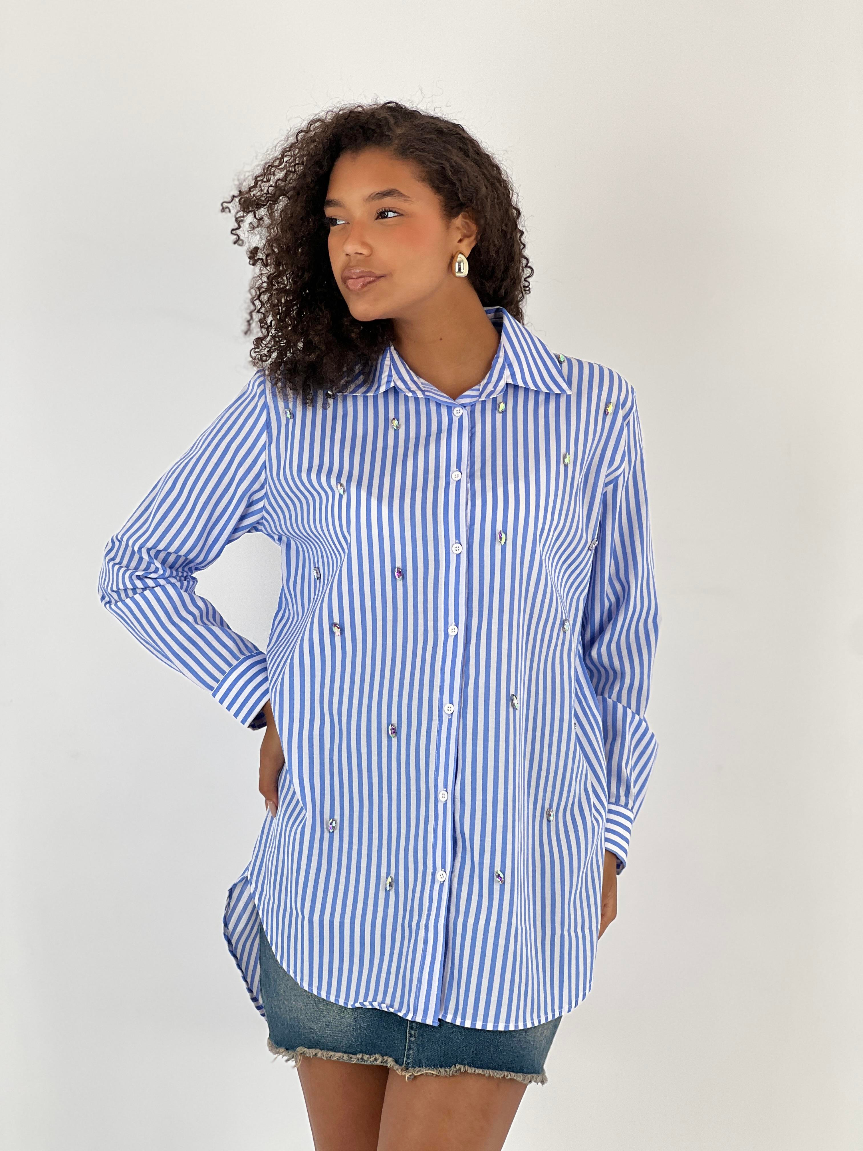 Kadın Taş Detaylı Çizgili Mavi Gömlek-27347-X20