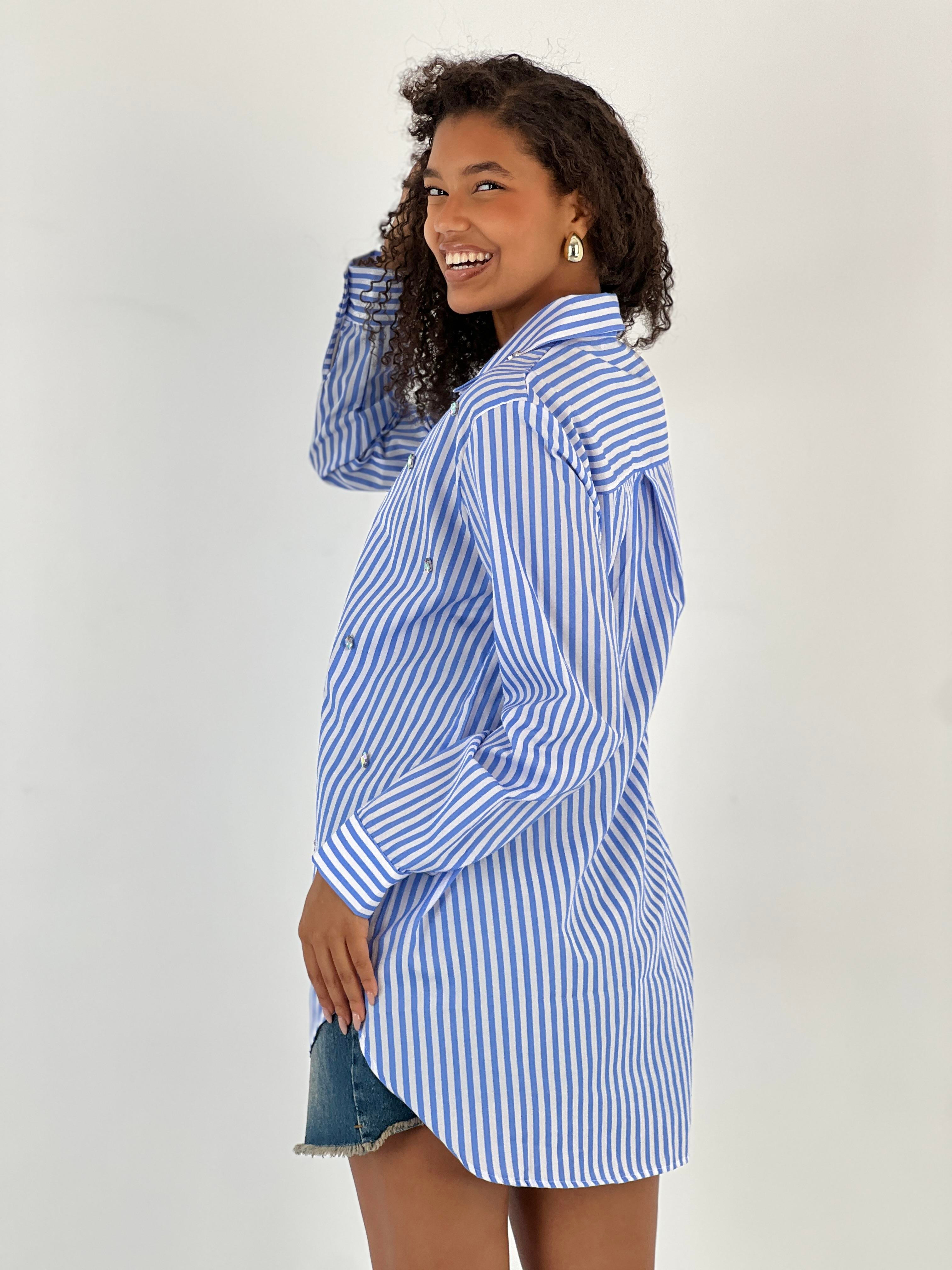 Kadın Taş Detaylı Çizgili Mavi Gömlek-27347-X20