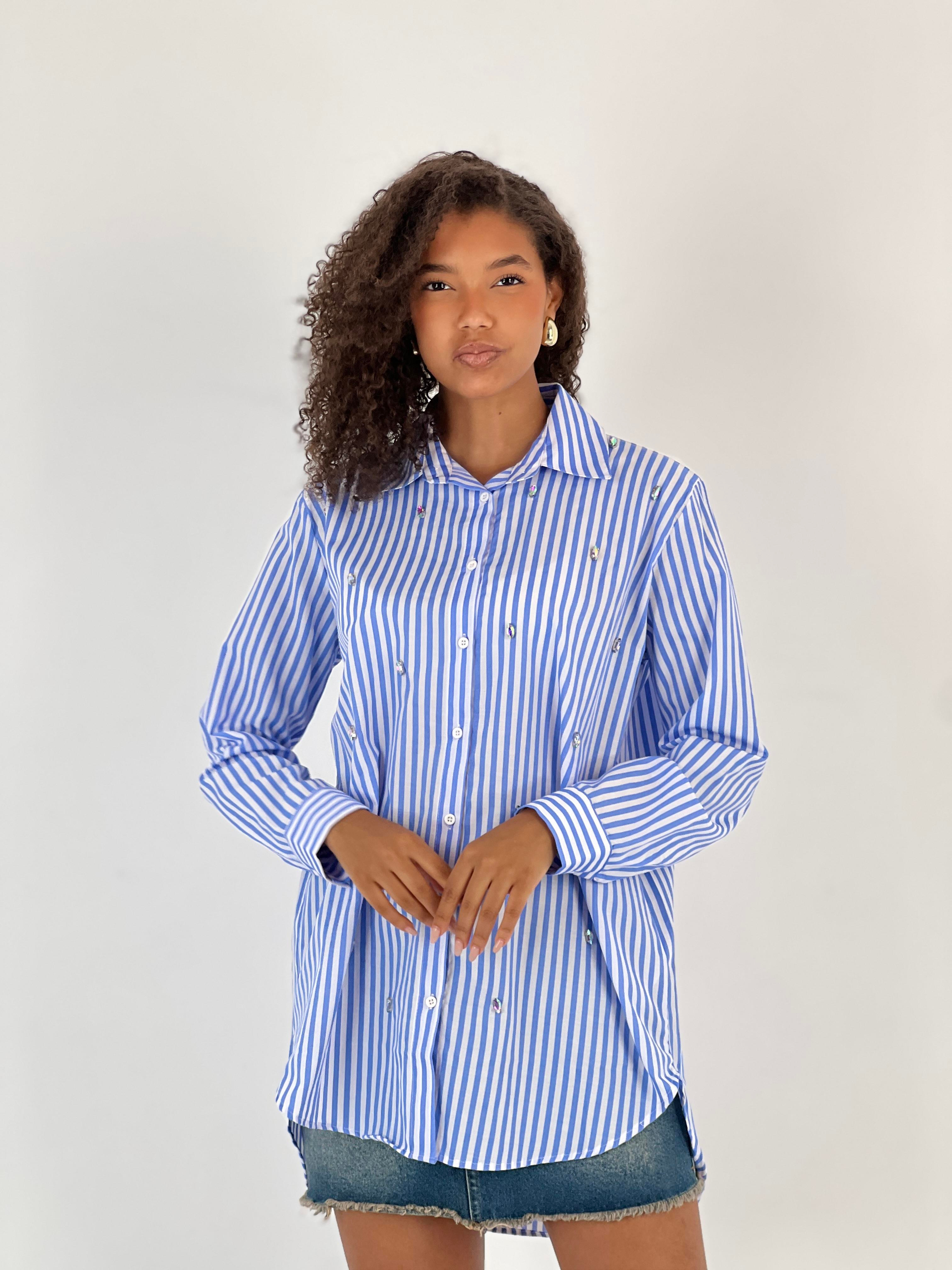 Kadın Taş Detaylı Çizgili Mavi Gömlek-27347-X20