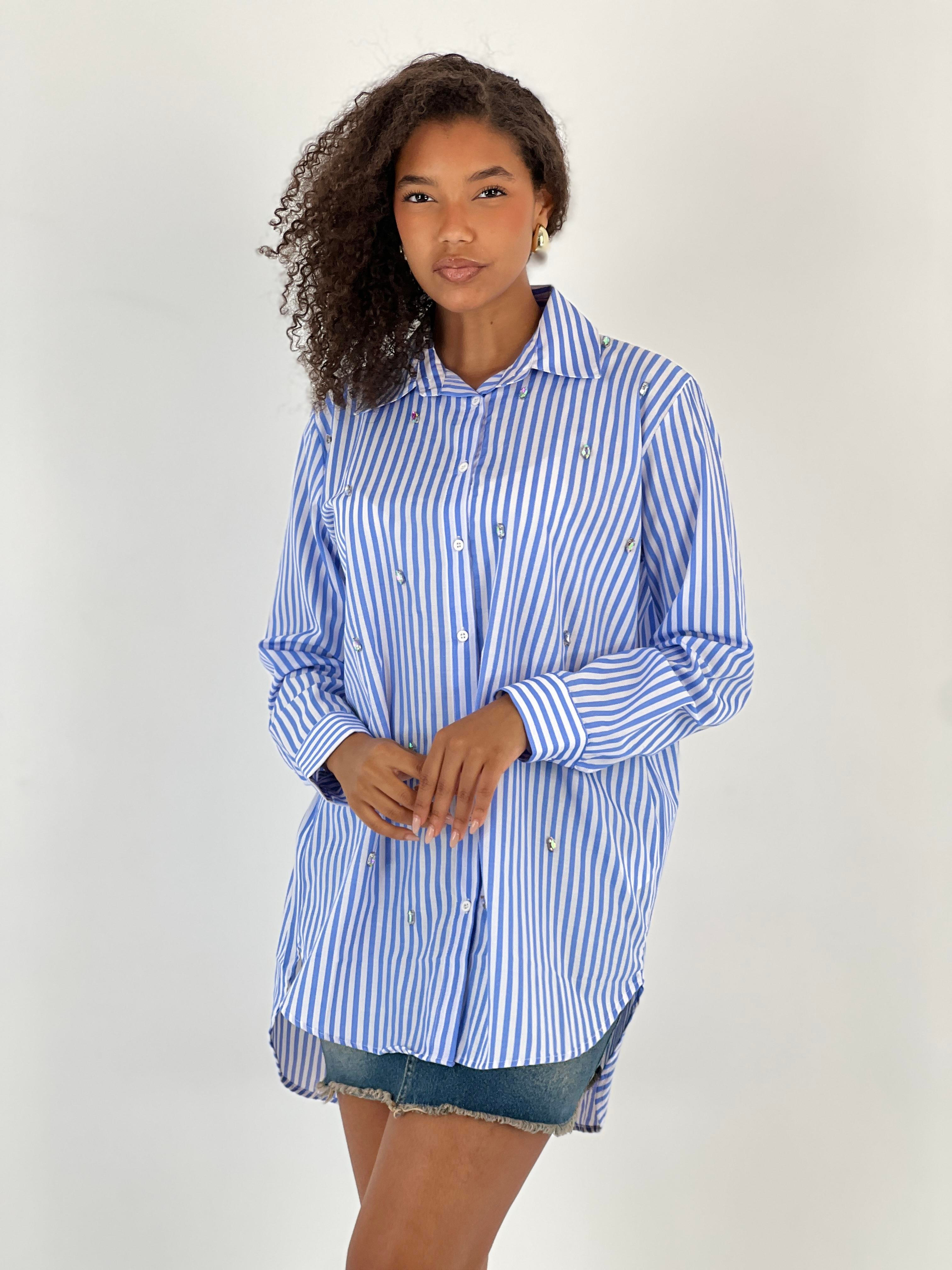 Kadın Taş Detaylı Çizgili Mavi Gömlek-27347-X20