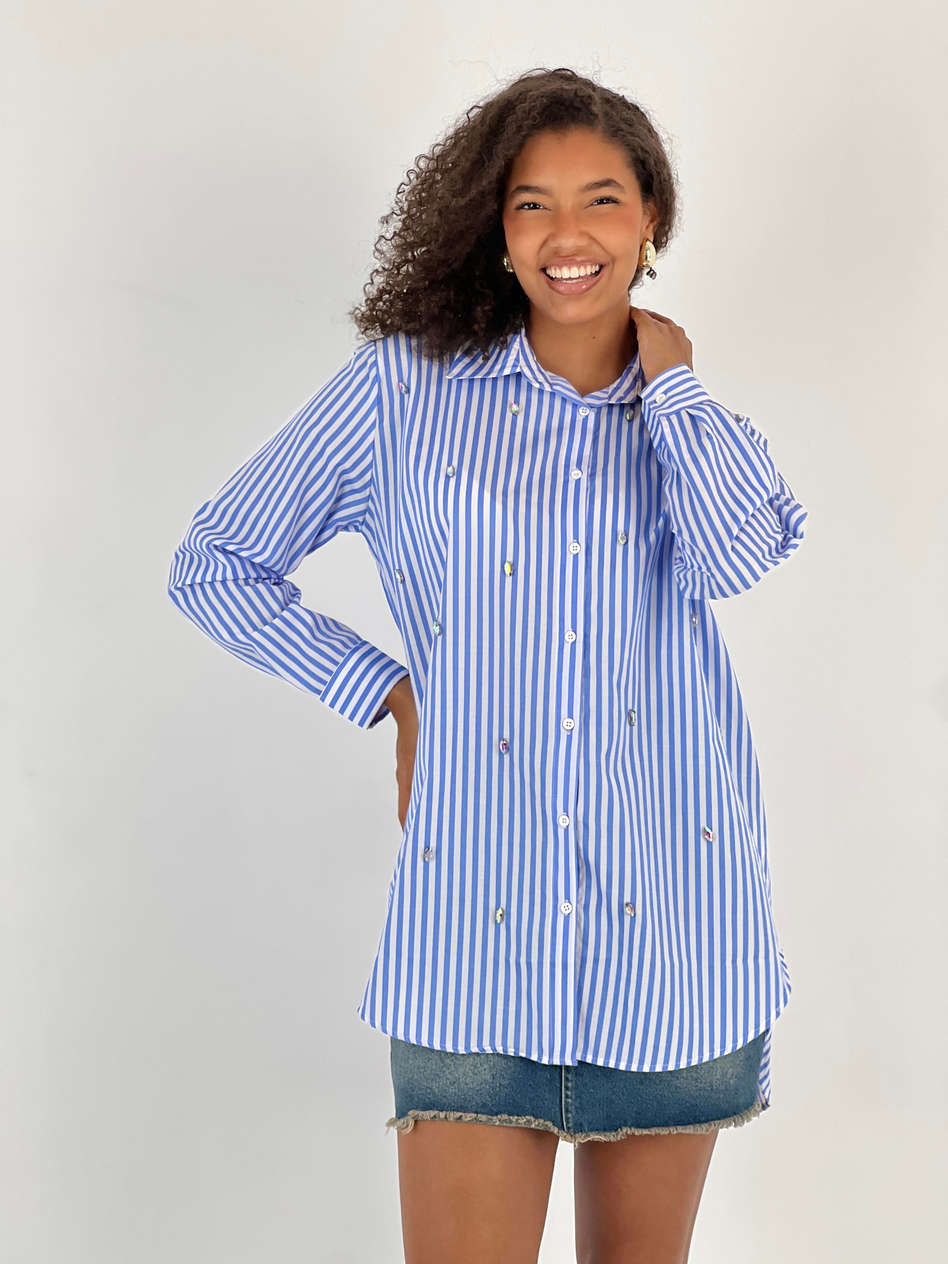Kadın Taş Detaylı Çizgili Mavi Gömlek-27347-X20