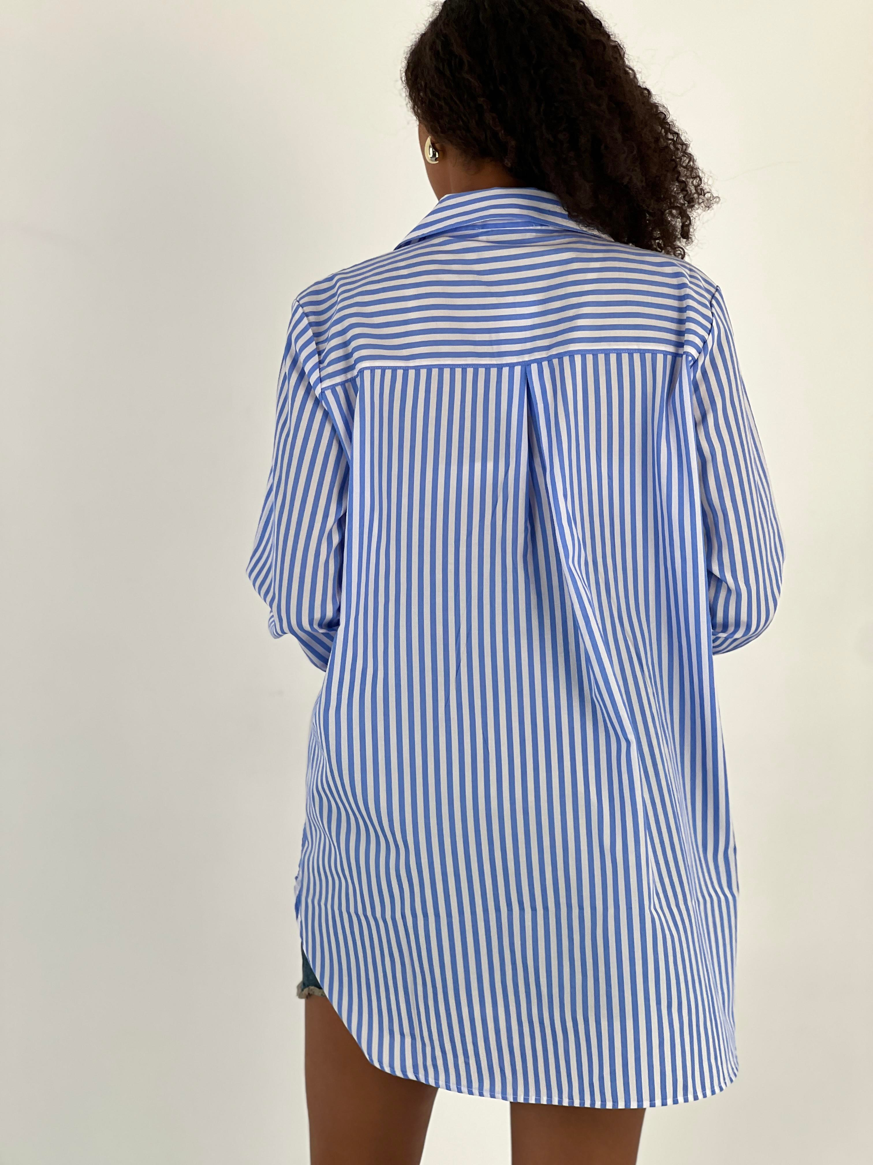 Kadın Taş Detaylı Çizgili Mavi Gömlek-27347-X20